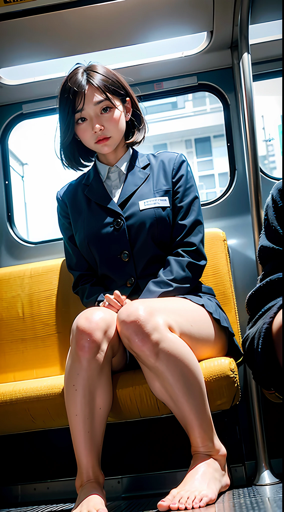 "(Masterpiece, High Definition, Ultra High Definition, 4K) Black hair, Japan girl, uniform skirt, emphasizing thighs, white thighs, soft thighs, glossy thighs, sitting on the train, face-to-face angle, (angle from below),sitting in the train seat,Sitting in front,Zoom camera in the crotch,Feet on the train floor,Full body,Looking down and sleepy,Looking at the viewer only", best quality, ultra high definition, (photorealistic:1.4),, high resolution, detail, raw photo, sharp re, Nikon D850 film stock photo by Lee Jefferies 4 kodak portra 400 camera f1.6 lens rich colors hyper realistic lively textures dramatic lighting unreal engine artstation trends cinestir 800,