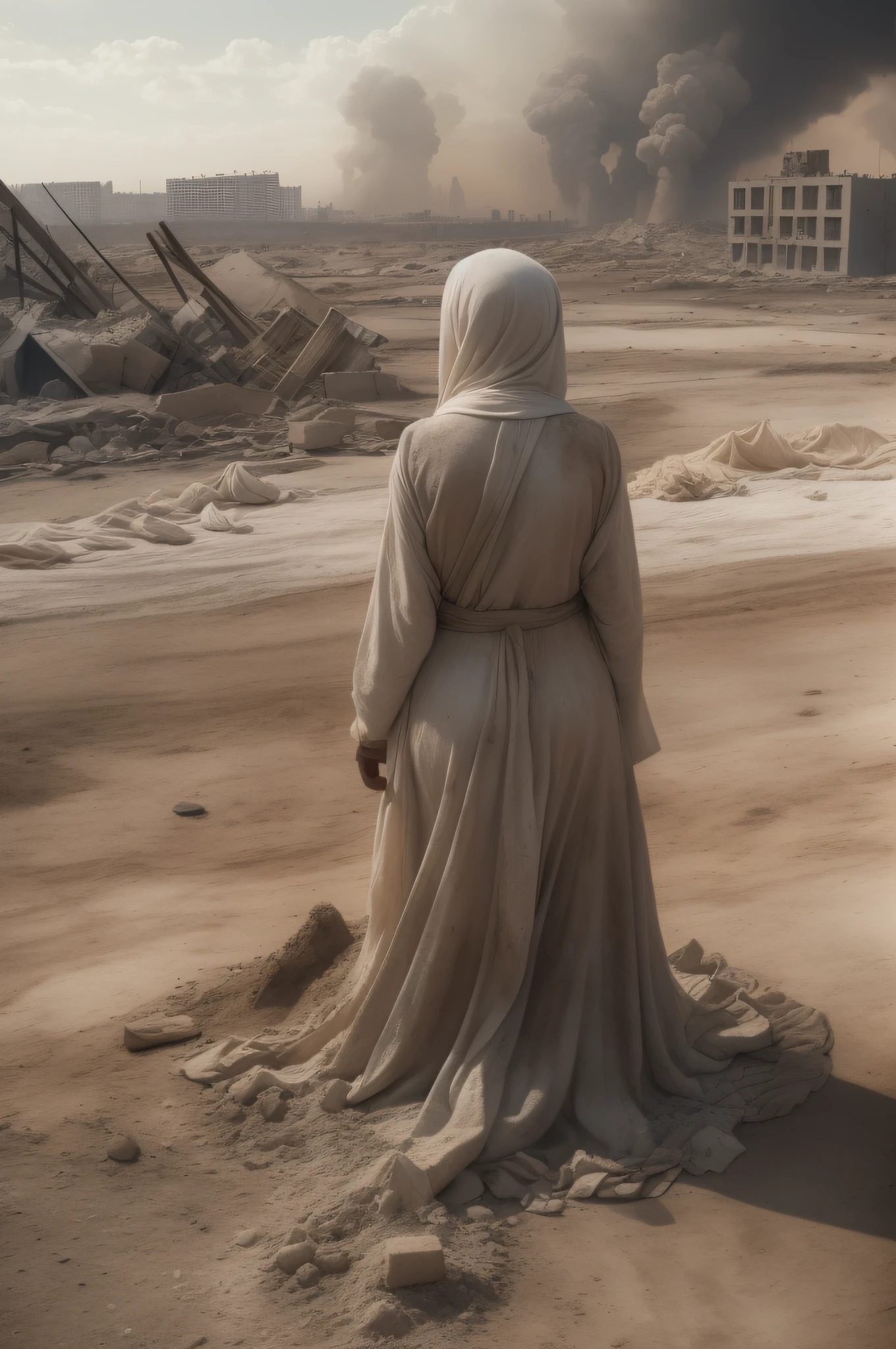 {Create an Artistic Image of} the poignant moment when Lot's wife, filled with dread, is turned into salt while looking away towards the cities of Sodom and Gomorrah. Her whole body and clothing is made from SALT. She is made of salt. Lot's wife is depicted as a central figure, her posture and expression portraying her inner turmoil. The camera shot type is a wide-angle shot, capturing the transformation against a backdrop of the cities' destruction.