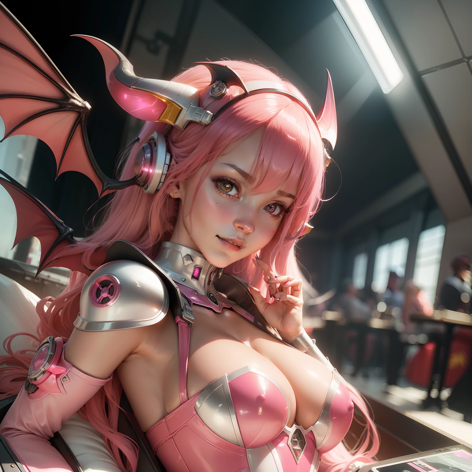 Highest image quality, outstanding details, ultra-high resolution, (realism: 1.4), the best illustration, favor details, ((( succubus))) , with a delicate and beautiful face, dressed in a pink and white mecha, wearing a mecha helmet, holding a directional controller, the background is a high-tech lighting scene of the future city.