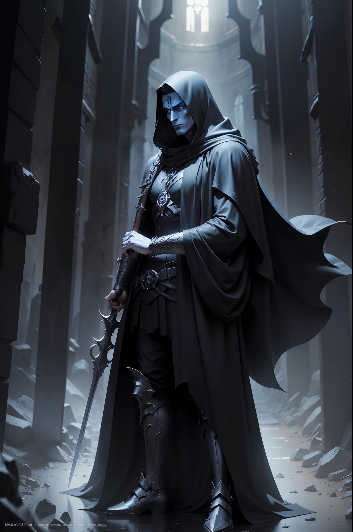 Hades: "A figure in a mysterious cloak, wielding a two-pronged weapon, stands at the entrance to an ominous underworld. Digital art, gothic style."