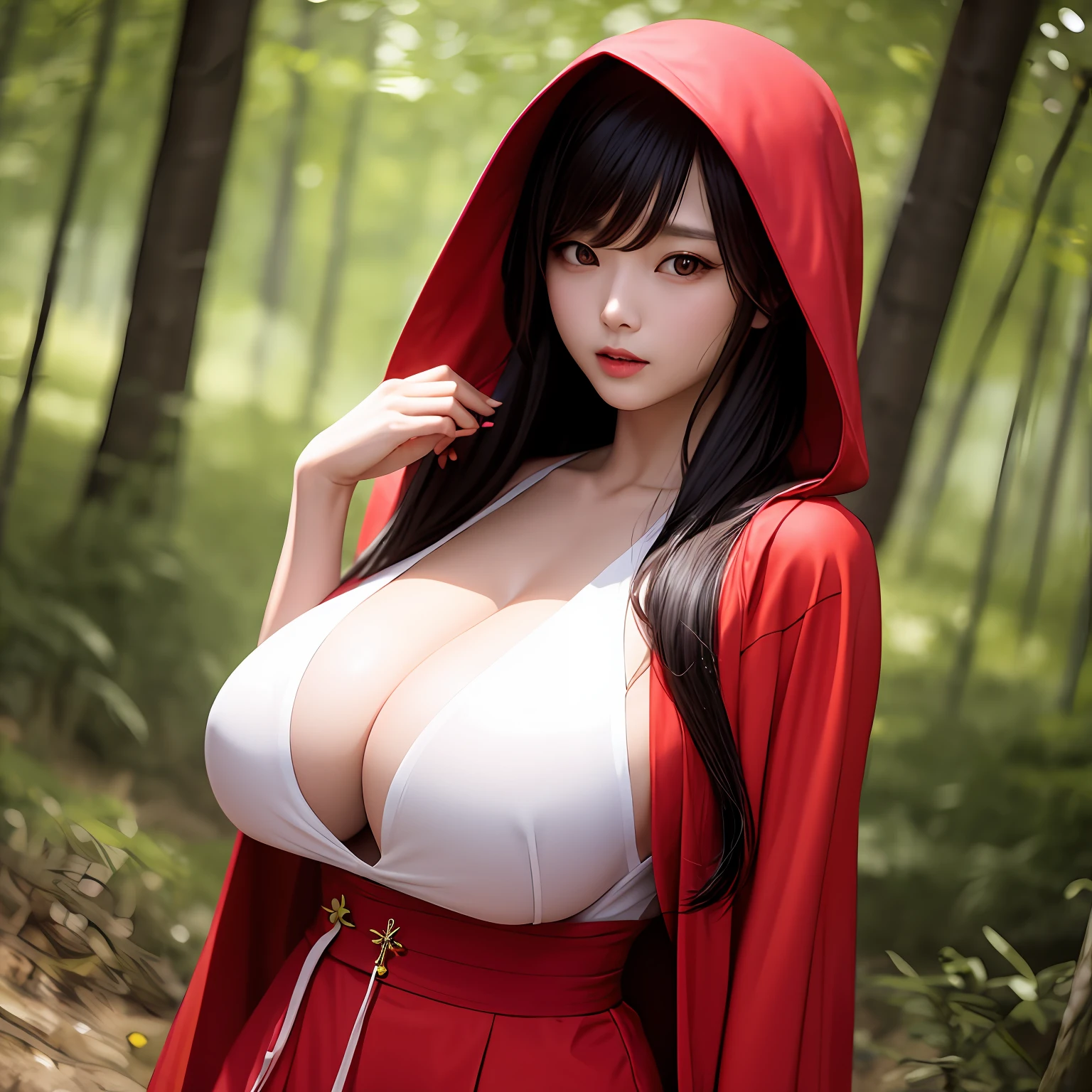 "Korean model with big, perky breasts dressed sexy as Red Riding Hood in the forest."