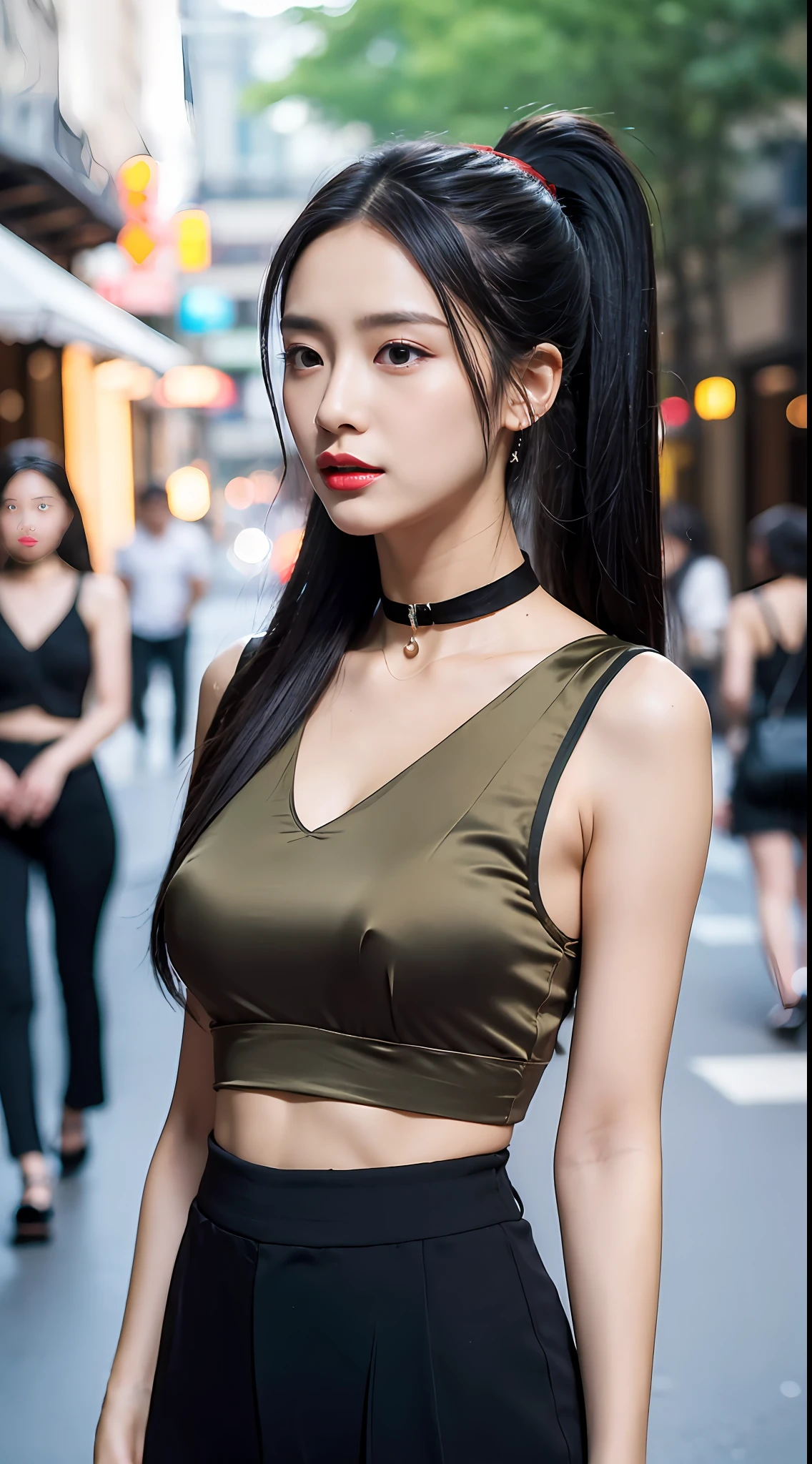 (best qualtiy，8K，32K，tmasterpiece，realisticlying，The is very detailed, hyper HD：1.2), 1girll，Star face，fully body photo，High ponytail，Grim expression，The skin is white and red, The eyes are bright and alert,Semi-curved eyebrows, Swallow red lip gloss, Hairpins,Jet black hair，Khaki silk wide-leg pants，Sexy slip top，choker necklace，Prominent characters，the street，Background bokeh