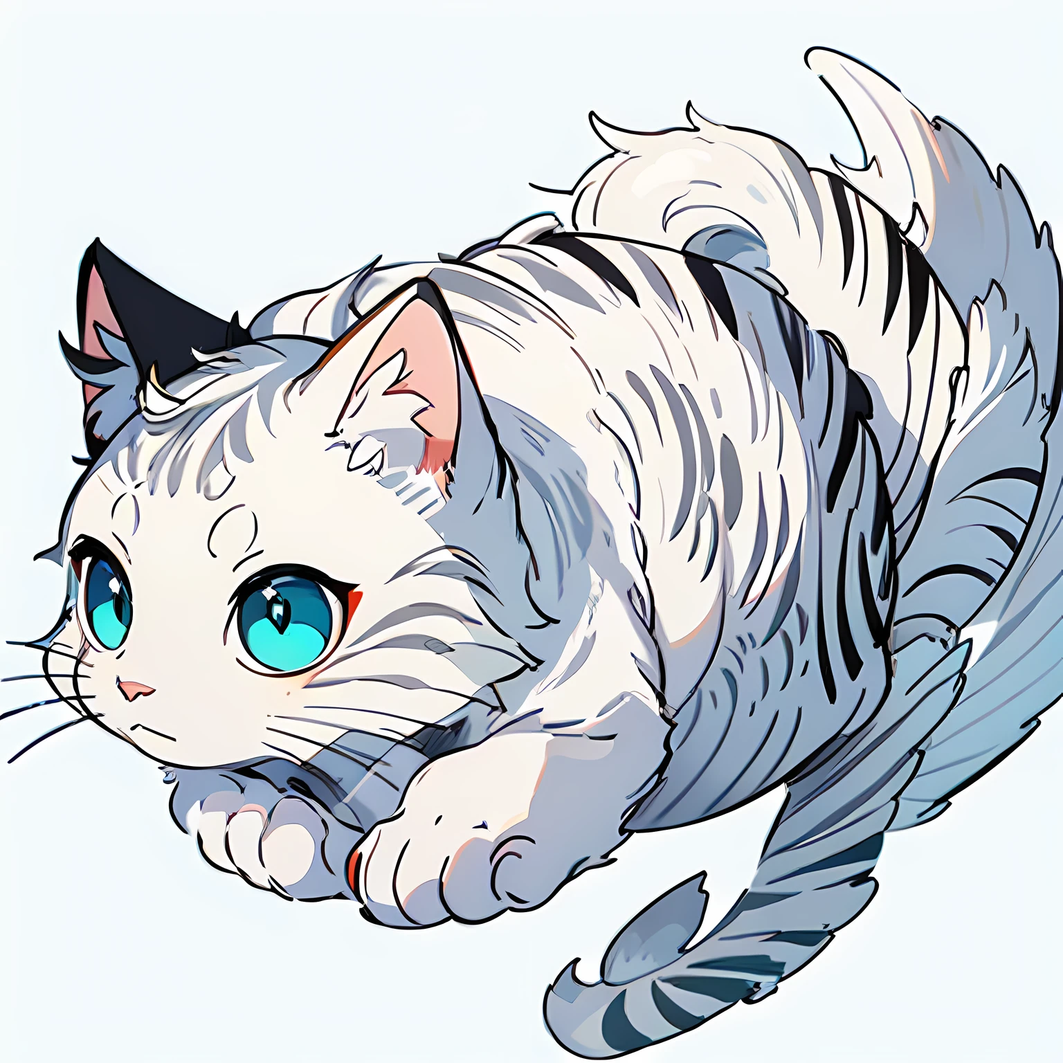 high resolution, 2D line art logo, white mackerel cat, white tabby cat, pale blue background, minimalistic and simple logo, smooth vector illustration, monochrome,