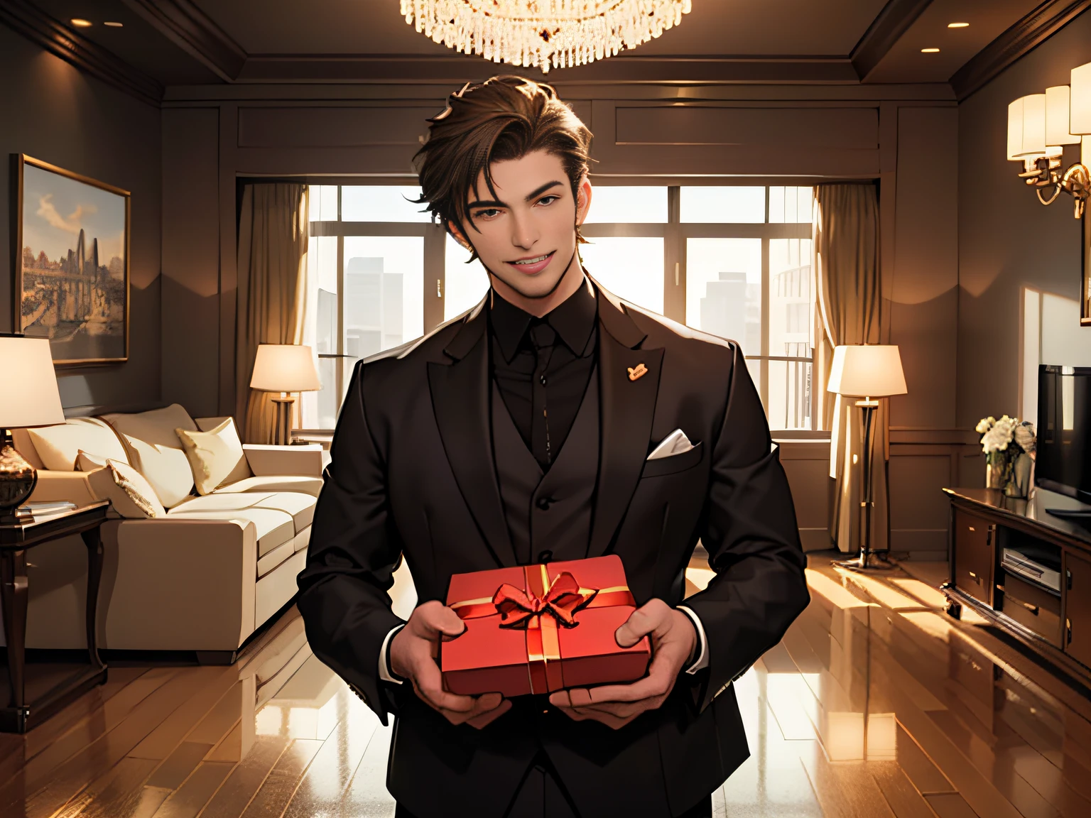 (A masterful artwork in 8K resolution with stunning CG and breathtaking lighting effects: 1.9)
(A handsome man wearing a brown suit and black short hair standing in the luxurious apartment lobby, laughing heartily and trying to please, facing the camera: 1.8)
(Upper body display of the man: 1.9)
(Luxurious furnishings and decorations in the apartment living room, with gift boxes scattered on the floor: 1.8)