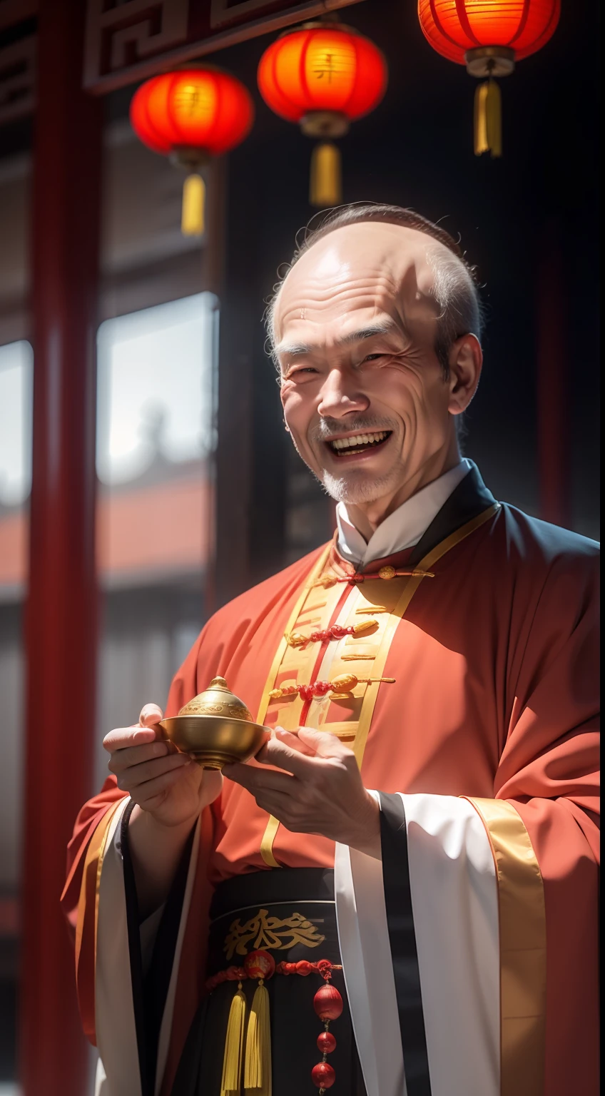 Han Chinese，A balding old man wearing a traditional Chinese cassock，Holding a handful of gold ingots，grin，red colour，jubilation，a cassock，Temple，k hd，真实感，超高分辨率，Prayer beads，fortune，fortune，Wishing you prosperity，money，