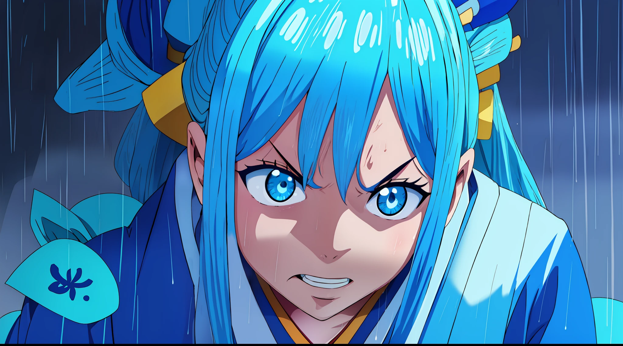 One girl, aqua、long hair, blue hair、blue eyes(konosuba) Gritting her teeth, pupils narrowed, wearing kimono traditional japanese、angry、rain background、very detail、4k quality, perfect anatomy