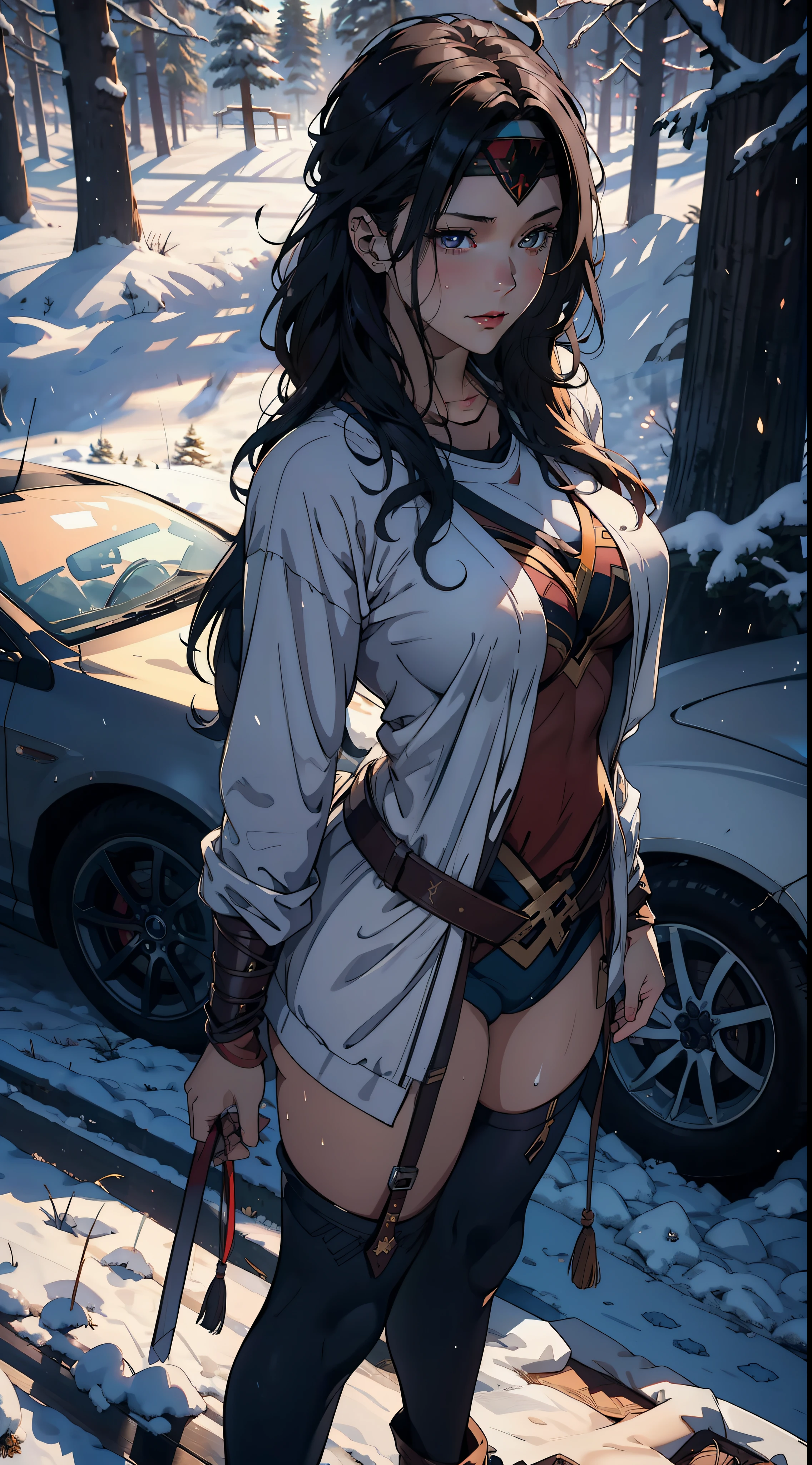 1female,45 yers old,Large breasts,Pornographic exposure, 独奏,(Background with:coniferous forest,at winter season,Snow on the ground) She has long flowing black hair, standing on your feet,Sweat profusely,drenched all over the body,Wearing a Wonder Woman headband,Wearing a Wonder Woman uniform,frontage, hair straight, Very long hair,mostly cloudy sky,(((tmasterpiece),(Very detailed CG unity 8K wallpaper),best qualtiy,cinmatic lighting,detailed back ground,beatiful detailed eyes,Bright pupils,(Very fine and beautiful),(Beautiful and detailed eye description),ultra - detailed,tmasterpiece,)),facing at camera,A high resolution,ultra - detailed),beautifullegs,revealing breasts,facing at camera