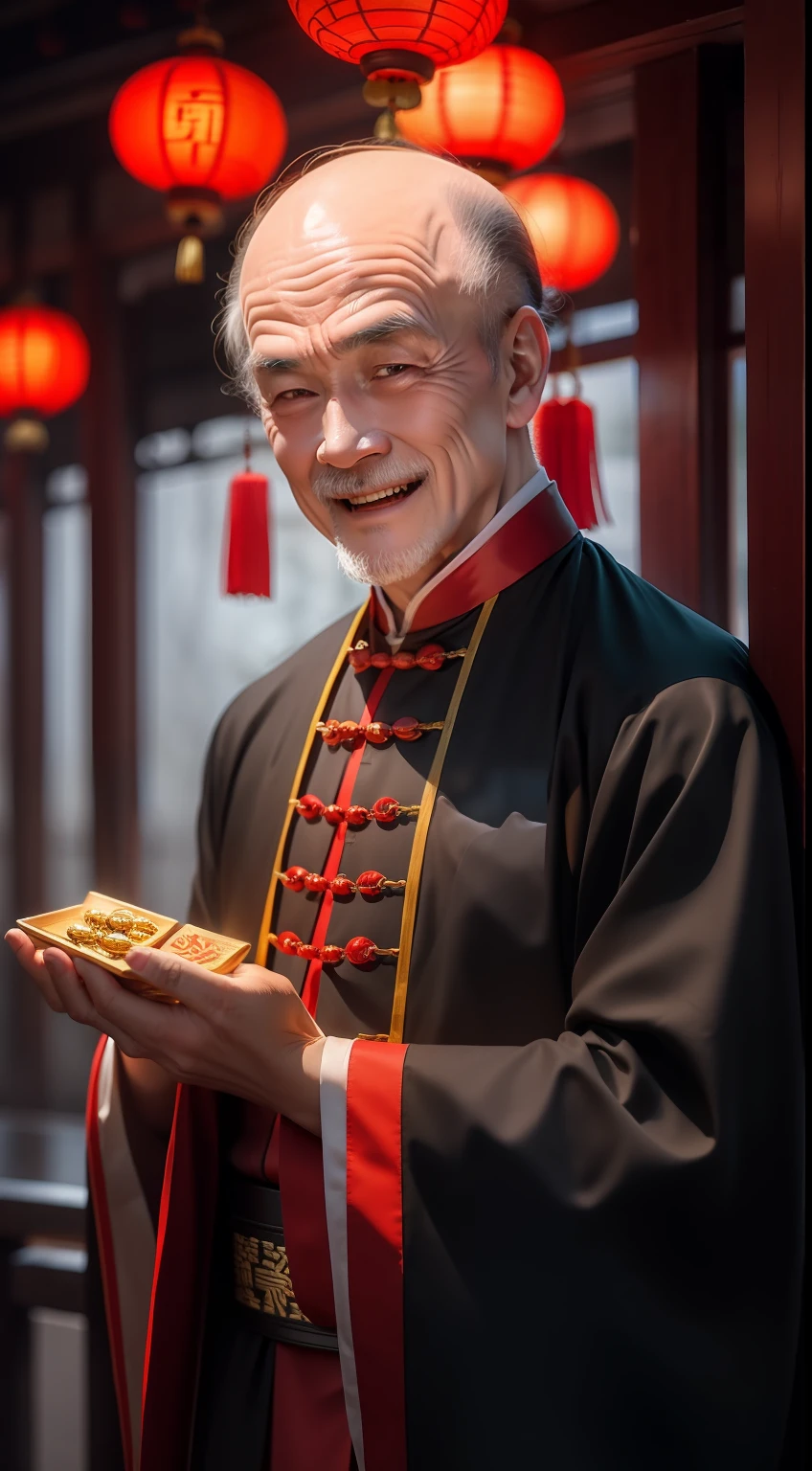Han Chinese,A balding old man wearing a traditional Chinese cassock,Holding a handful of gold ingots,grin,red colour,jubilation,a cassock,Temple,k hd,真实感,超高分辨率,Prayer beads,fortune,fortune,Wishing you prosperity,money,