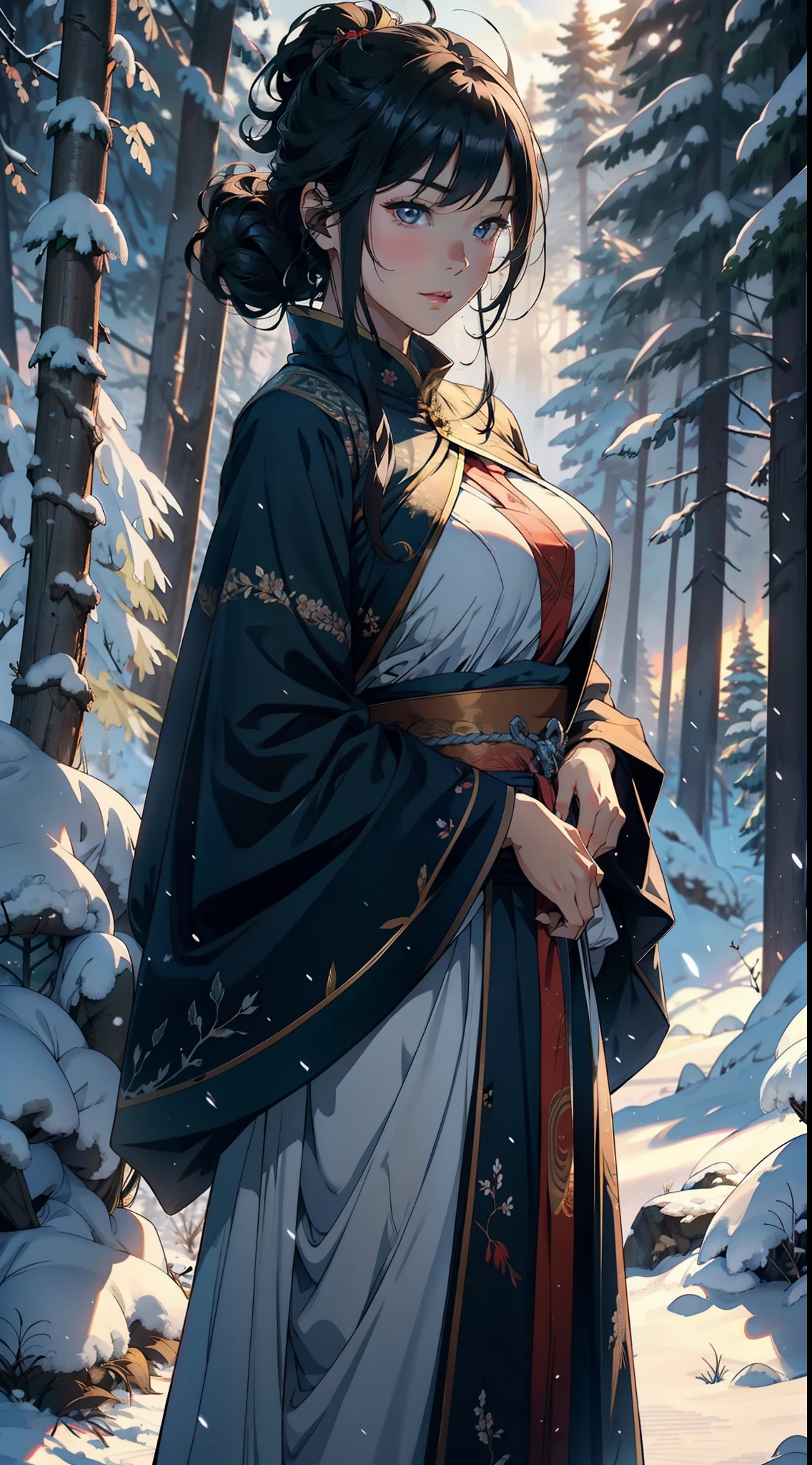 1female,45 yers old,Large breasts,Pornographic exposure, 独奏,(Background with:coniferous forest,at winter season,Snow on the ground) She has short black hair, standing on your feet,Sweat profusely,drenched all over the body,From the front side, curlies, mostly cloudy sky,(((tmasterpiece),(Very detailed CG unity 8K wallpaper),best qualtiy,cinmatic lighting,detailed back ground,beatiful detailed eyes,Bright pupils,(Very fine and beautiful),(Beautiful and detailed eye description),ultra - detailed,tmasterpiece,)),facing at camera,A high resolution,ultra - detailed),Mongolian samurai,Wearing armor,winter clothes,revealing breasts