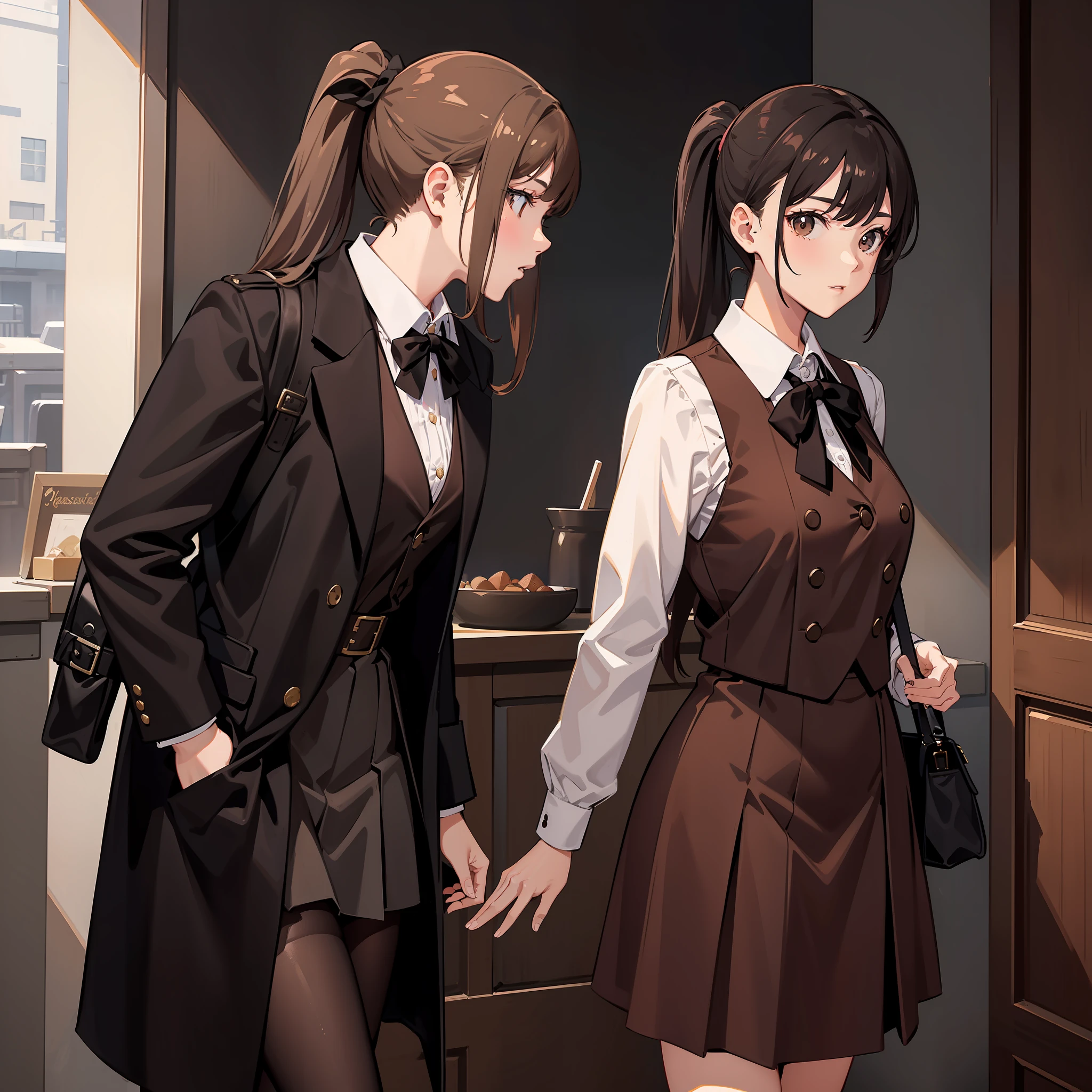 Masterpiece, Best quality, A high resolution, A high school girl wears a long ponytail,Chocolate colored hair,Wearing a black vest,Brown coat,Short brown skirt,The background is the wilderness