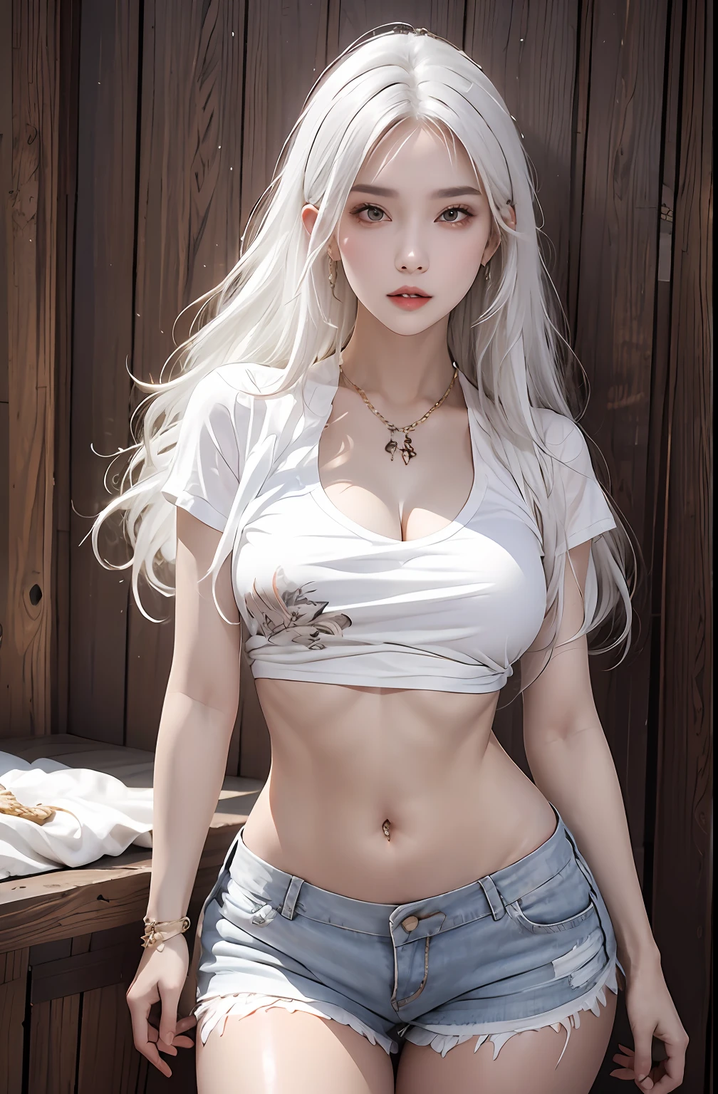 photorealistic, high resolution, soft light,1women, hips up, solo, narrow waist, look at viewer, (detailed face), white hair, long hair, belly tattoo, jewelry, short shirt, shorts