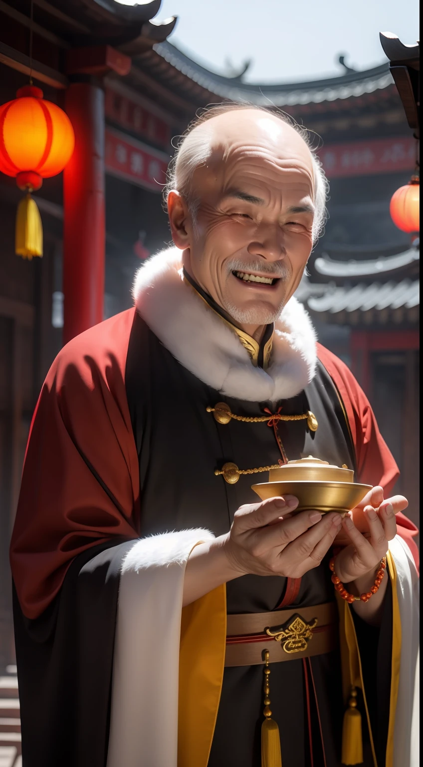 Han Chinese，A balding old man wearing a traditional Chinese cassock，Holding a handful of gold ingots，grin，red colour，jubilation，a cassock，Temple，k hd，真实感，超高分辨率，Prayer beads，fortune，fortune，Wishing you prosperity，money，