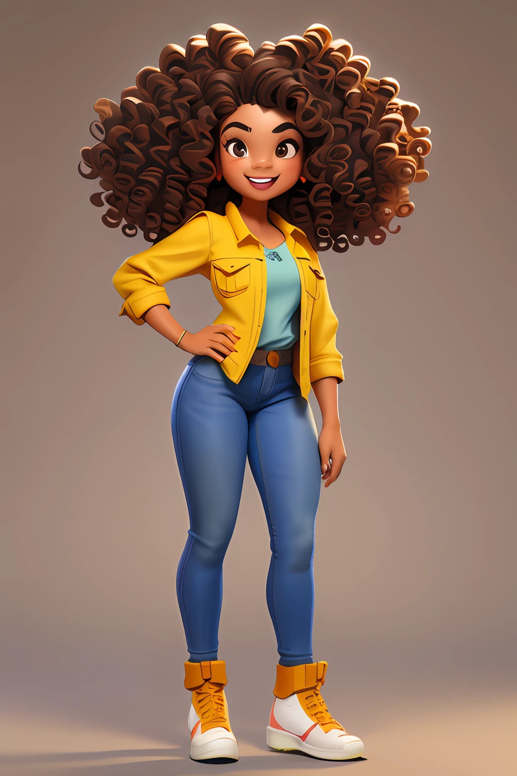 3DCHARACTER, 1 menina, mulher adulta, hazelnut eyes, cabelos pretos cacheados curtos, (((curly hair))), Black power, pele marrom, (((Brown skin))), Denim Jeans Pants, camisa branca, (corpo inteiro: 1.2), fundo simples, obra-prima, melhor qualidade, flor no cabelo, (fundo gradiente de ameixa clara: 1.1)