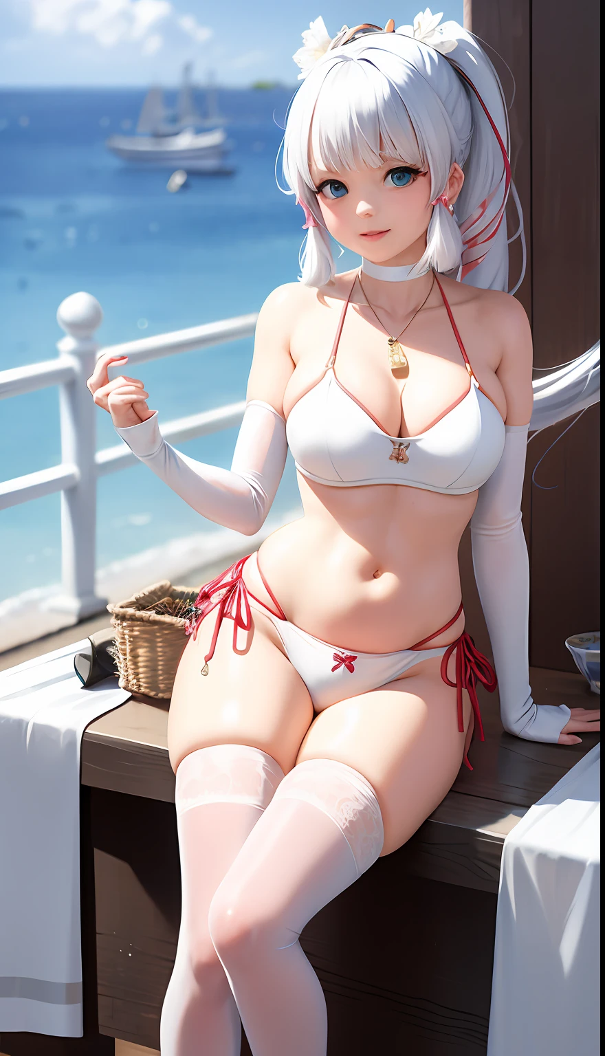 A woman in a white bikini and white stockings poses for a photo, Anime girl cosplay, Anime goddess, cosplay, elegant glamourous cosplay, Anime cosplay, Japanese goddess, Beautiful goddess, seductive anime girls, full-cosplay, Gorgeous Role Play, glamourous cosplay, cosplay foto, Ayaka cosplay, Beautiful age girl, a beautiful fantasy empress, dressed in a beautiful white, revealing outfit，（Big red snowflake tattoo on the lower abdomen）