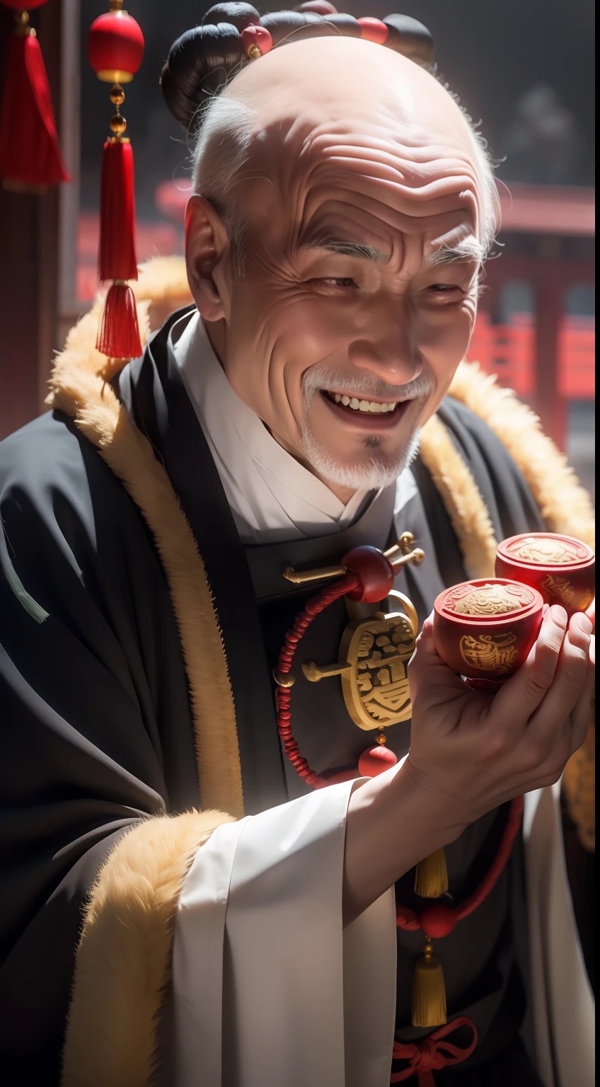 Han Chinese,A balding old man wearing a traditional Chinese cassock,Holding a handful of gold ingots,grin,red colour,jubilation,a cassock,Temple,k hd,真实感,超高分辨率,Prayer beads,fortune,fortune,Wishing you prosperity,money,