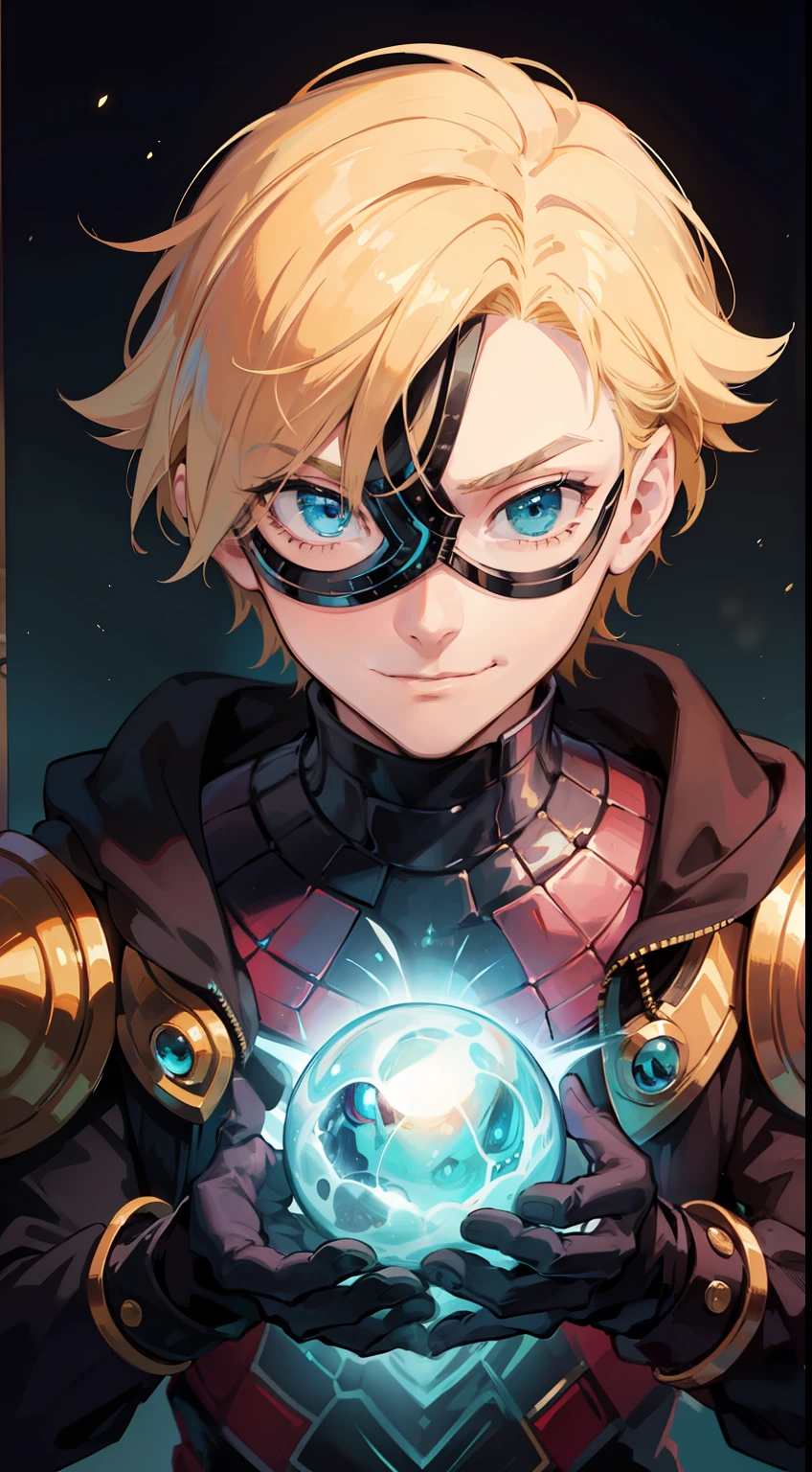 Young guy, short blonde hair, Cyan eyes, Mysterio, smirk, Masterpiece, hiquality