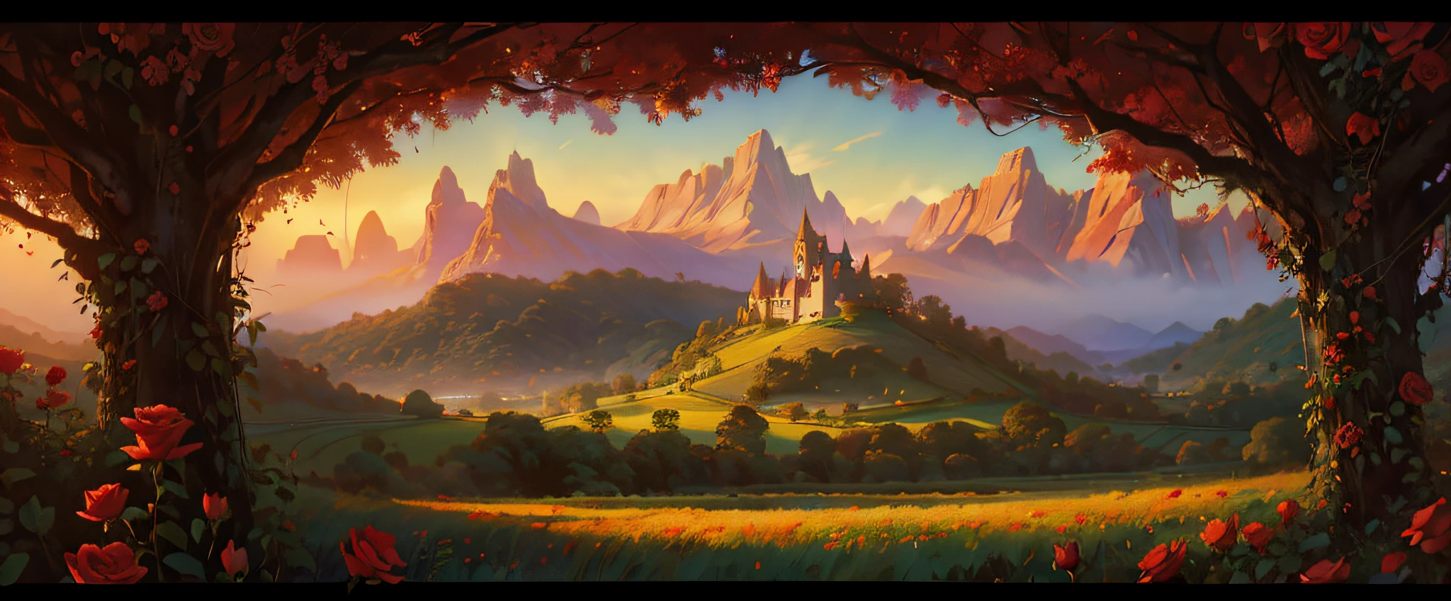 There is an image of a field with red roses in the foreground, Disney art, Beautiful, magical african kingdom enchanted rainforest background, disney concept art, fairy tale art, fairy tale painting, golden frame with red roses, Fantasy, Greg Hildebrandt highly detailed, fantasy Victorian artwork, beautiful rendering of a fairytale