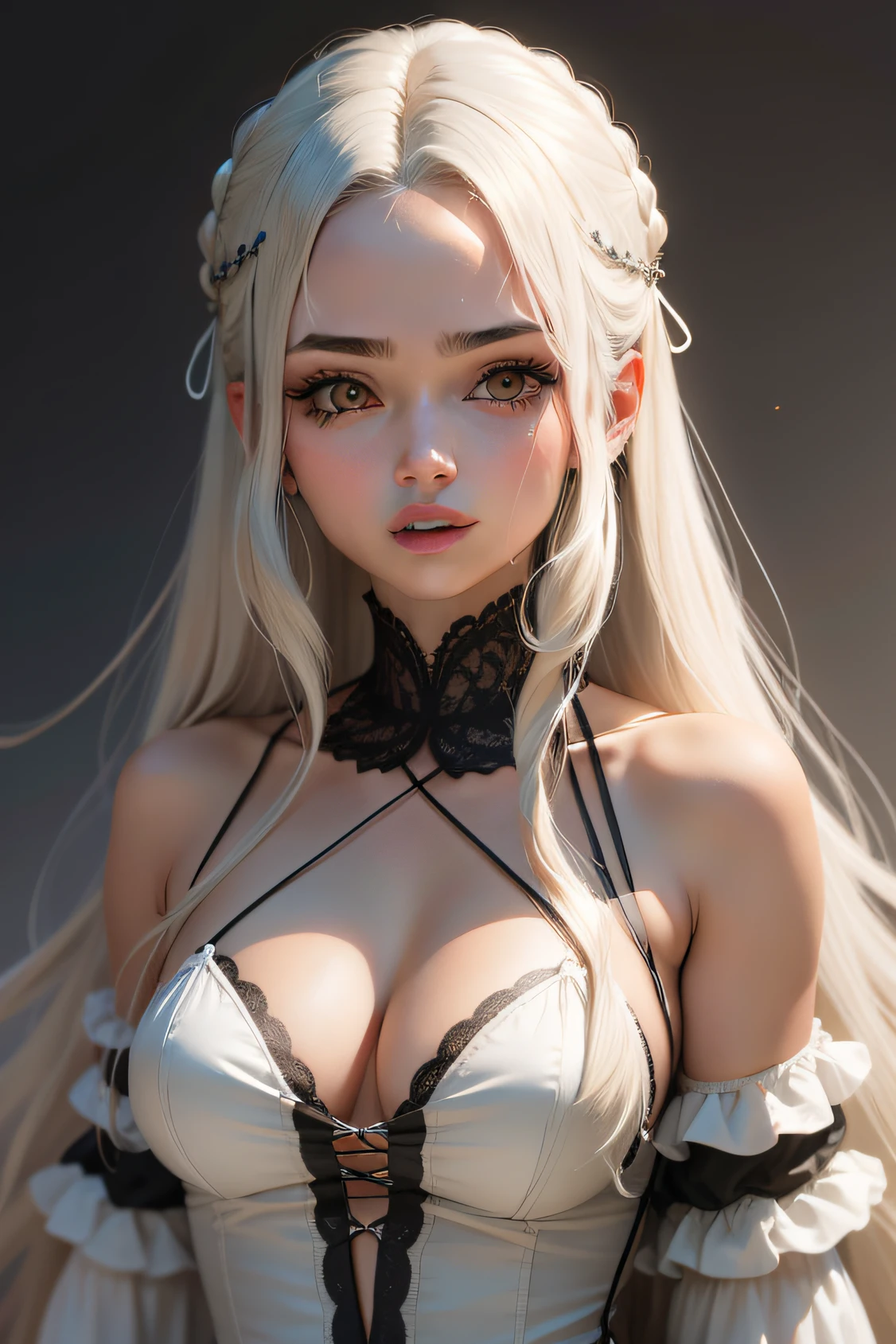 Desenhe uma garota meio-lobo em estilo anime. She has long hair in soft tones and a delicate appearance. Em vez de orelhas humanas, ela possui orelhas cinzas de loba e levemente pontiagudas, located on the top of your head, misturando-se perfeitamente com seus cabelos. Ademais, ela tem uma cauda cinza-escuro que se projeta graciosamente de sua parte inferior das costas. His face is carefully detailed, apresentando olhos expressivos e um pequeno nariz. CUBRA AS ORELHAS HUMANA COM O CABELO LONGO