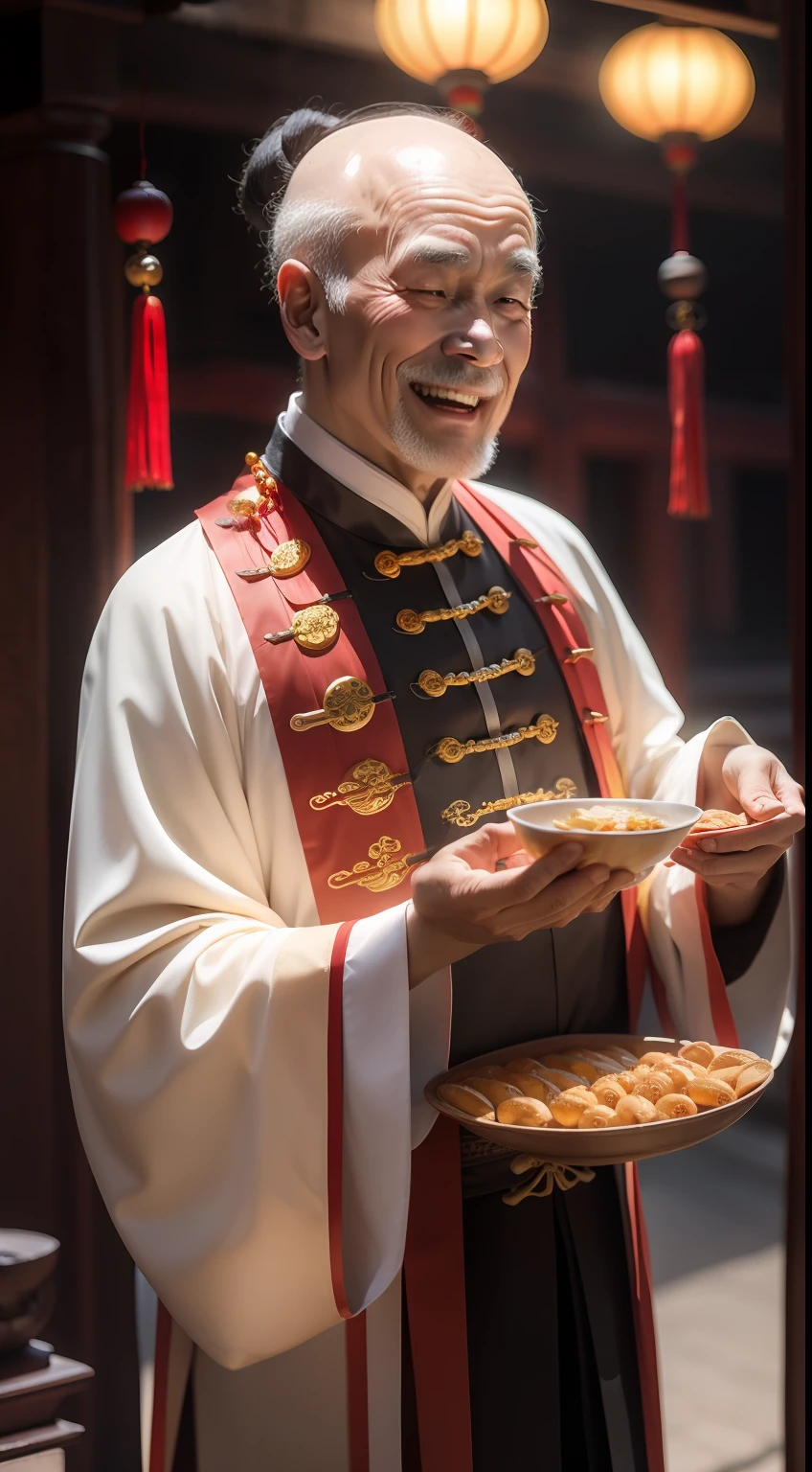 Han Chinese，A balding old man wearing a traditional Chinese cassock，Holding a handful of gold ingots，grin，red colour，jubilation，a cassock，Temple，k hd，真实感，超高分辨率，Prayer beads，fortune，fortune，Wishing you prosperity，money，