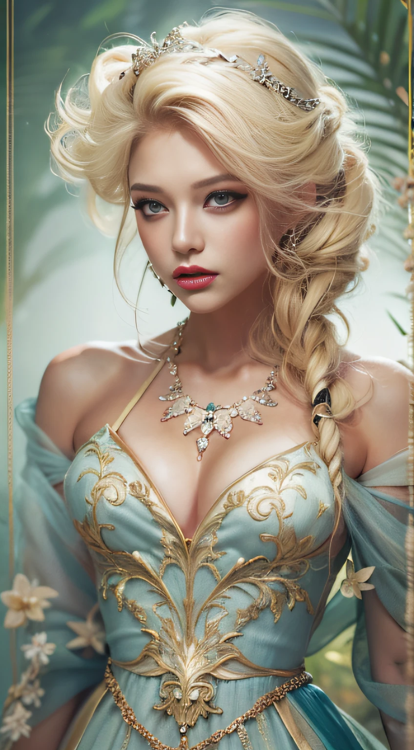 Digital illustration of a stunning blonde woman with fantasy enchantment in a jaw-dropping dress
Type of Image: Fantasy illustration
Art Styles: Whimsical Portrait, Fantasy Fashion
Digital Tools: Digital illustration software