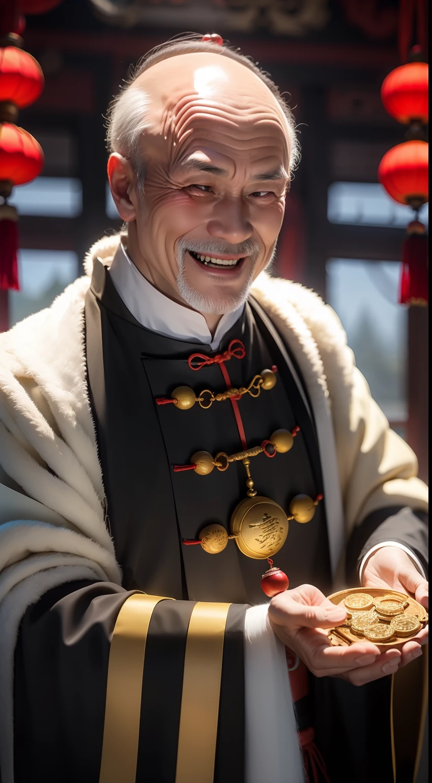 Han Chinese,A balding old man wearing a traditional Chinese cassock,Holding a handful of gold ingots,grin,red colour,jubilation,a cassock,Temple,k hd,真实感,超高分辨率,Prayer beads,fortune,fortune,Wishing you prosperity,money,
