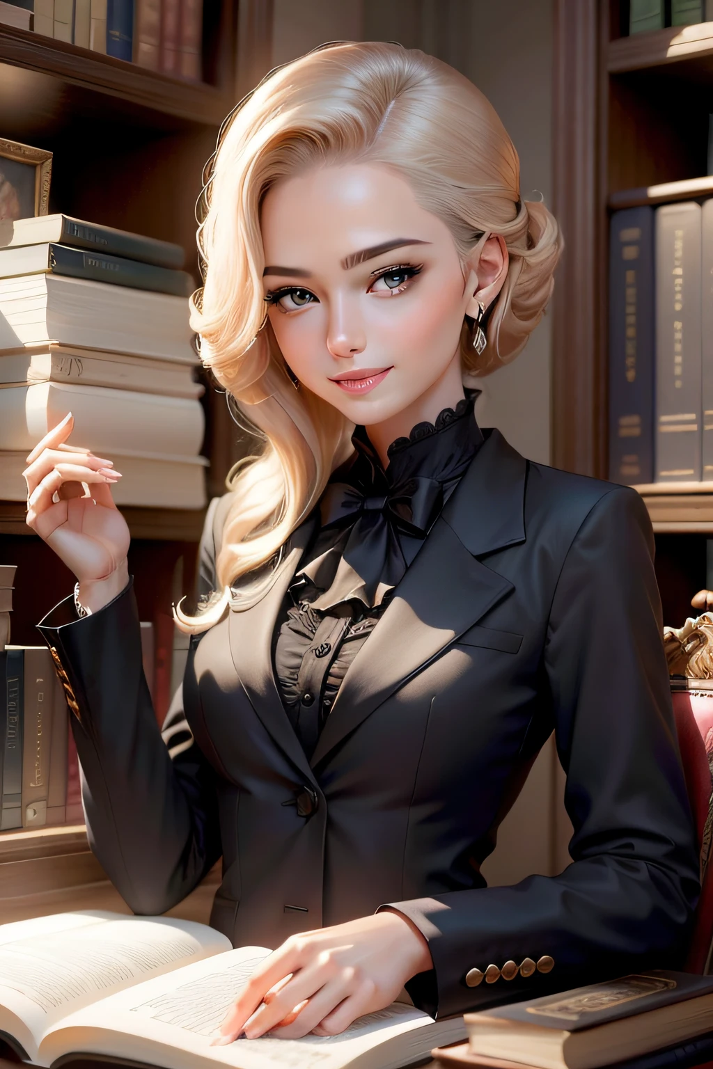 Make a philosopher in formal clothes, feminina com cabelos ruivos com sorriso vetorizados dentro de uma biblioteca escrevendo