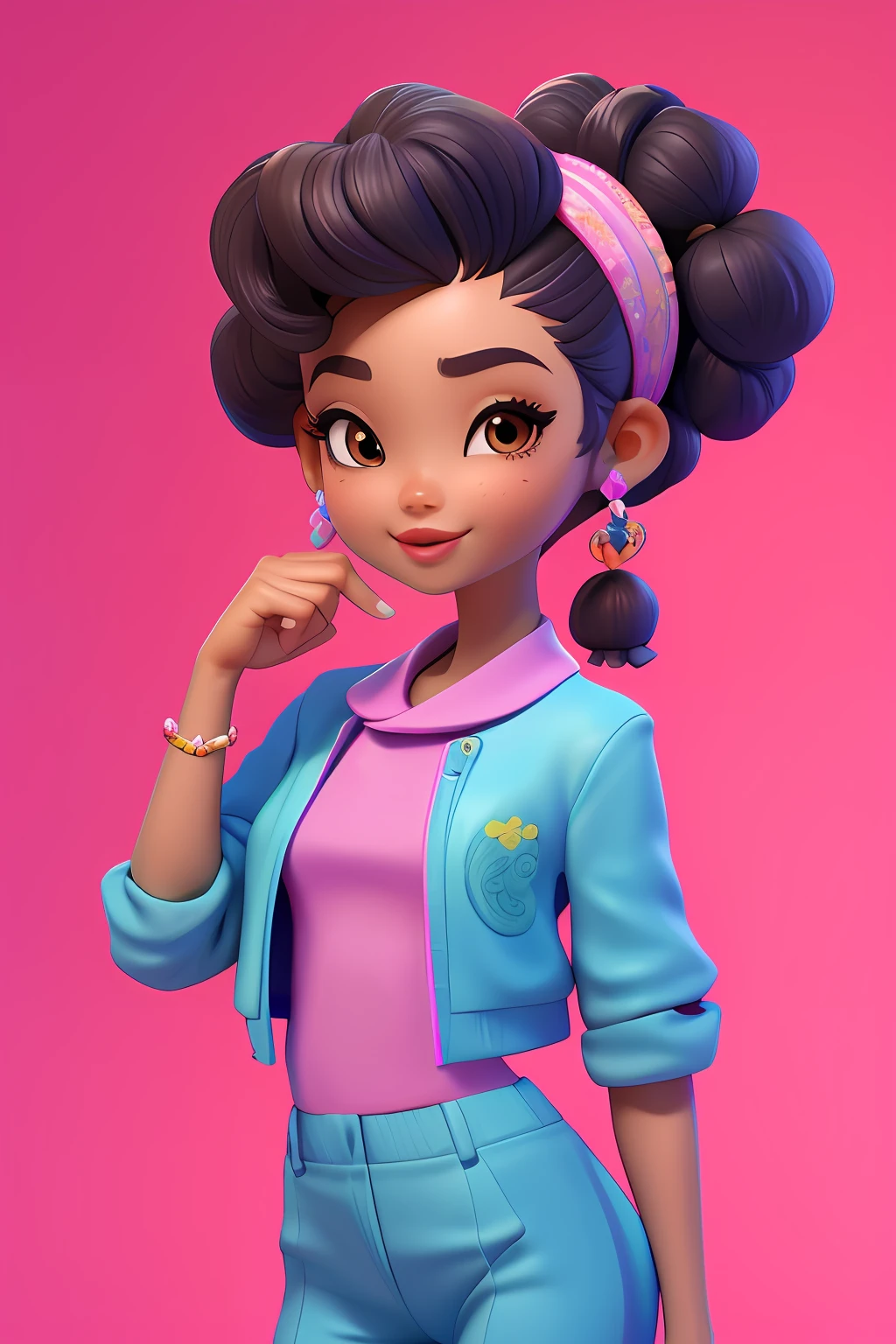 3dcharacter, 1 menina, mulher adulta das Maldivas, (((asian girl))), hazelnut eyes, frohawk rosa, jammers, (corpo inteiro: 1.2), fundo simples, obra-prima, melhor qualidade, (fundo gradiente de ameixa clara: 1.1)