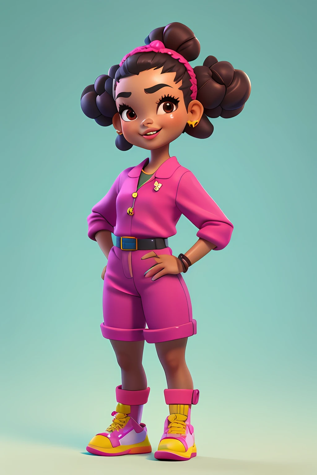 3dcharacter, 1 , mulher adulta das Maldivas, (((asian girl))), hazelnut eyes, frohawk rosa, jammers, (corpo inteiro: 1.2), fundo simples, obra-prima, melhor qualidade, (fundo gradiente de ameixa clara: 1.1)