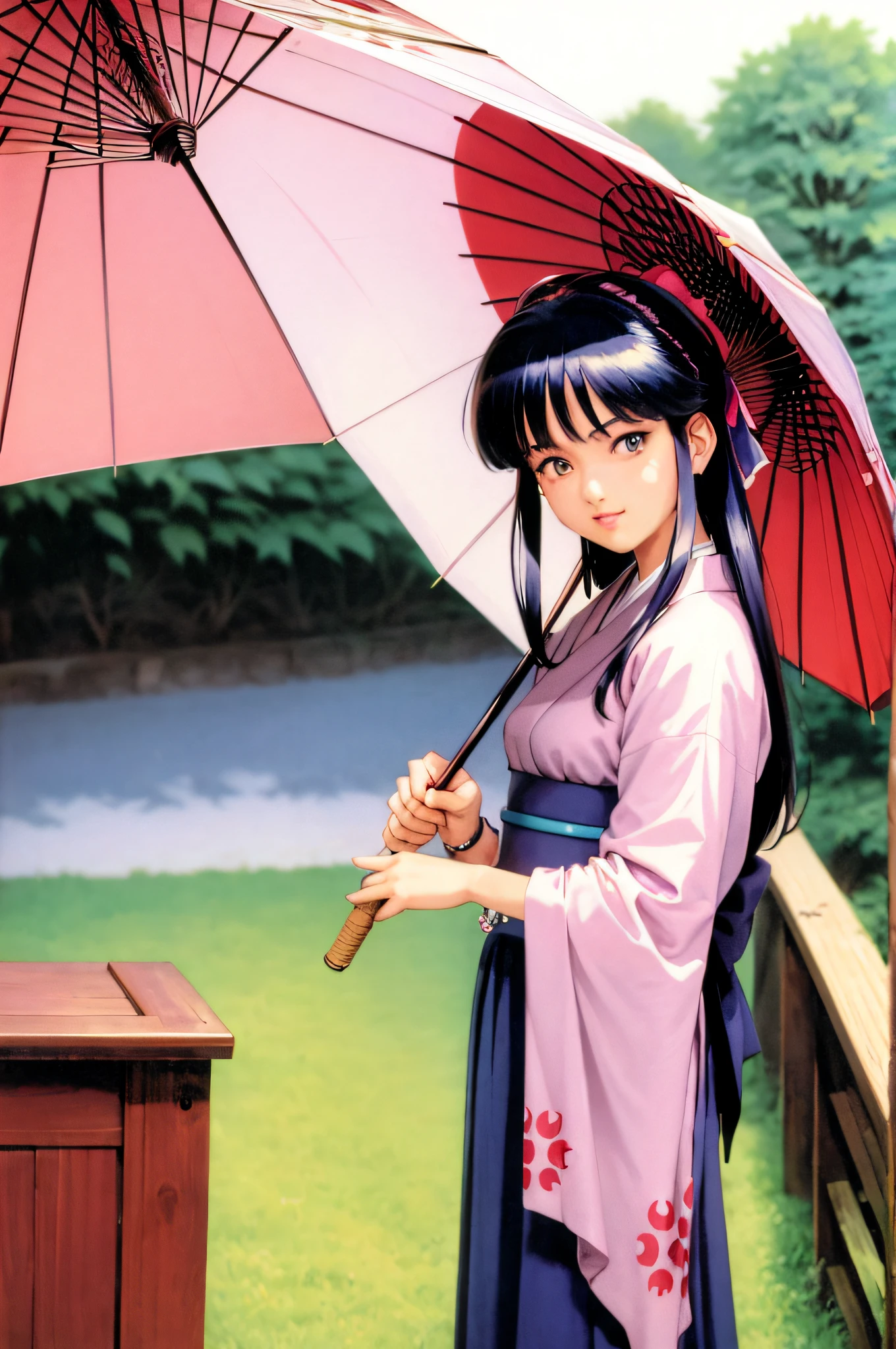 masterpiece, best quality,(1990s \(style\):1.2),Sakura Shinguuji (sakure wars), 1girl, umbrella, solo, japanese clothes, long hair, flower, oil-paper umbrella, kimono, hydrangea, bow