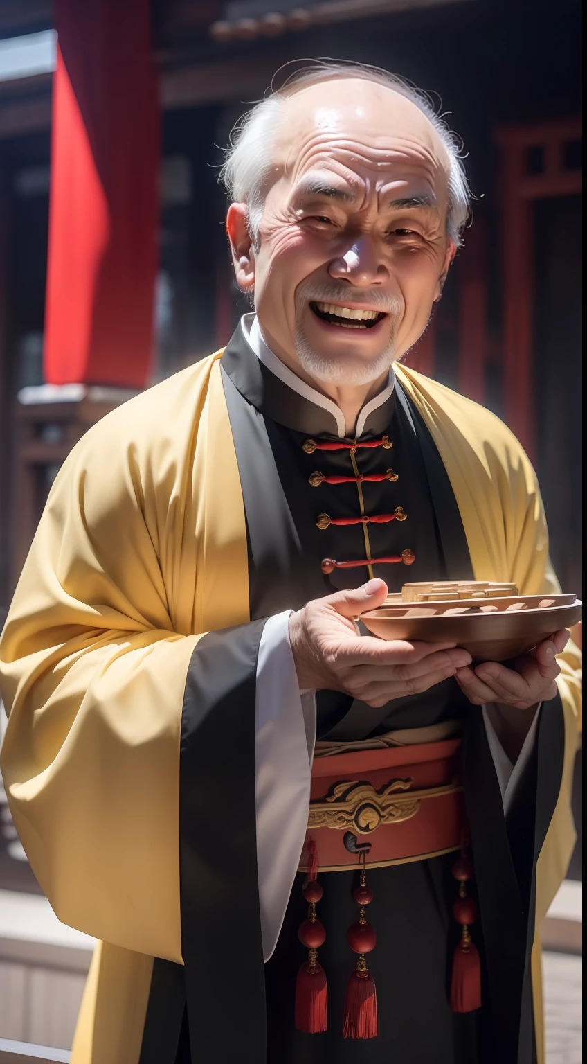 Han Chinese，A balding old man wearing a traditional Chinese cassock，Holding a handful of gold ingots，grin，red colour，jubilation，a cassock，Temple，k hd，真实感，超高分辨率，Prayer beads，fortune，fortune，Wishing you prosperity，money，