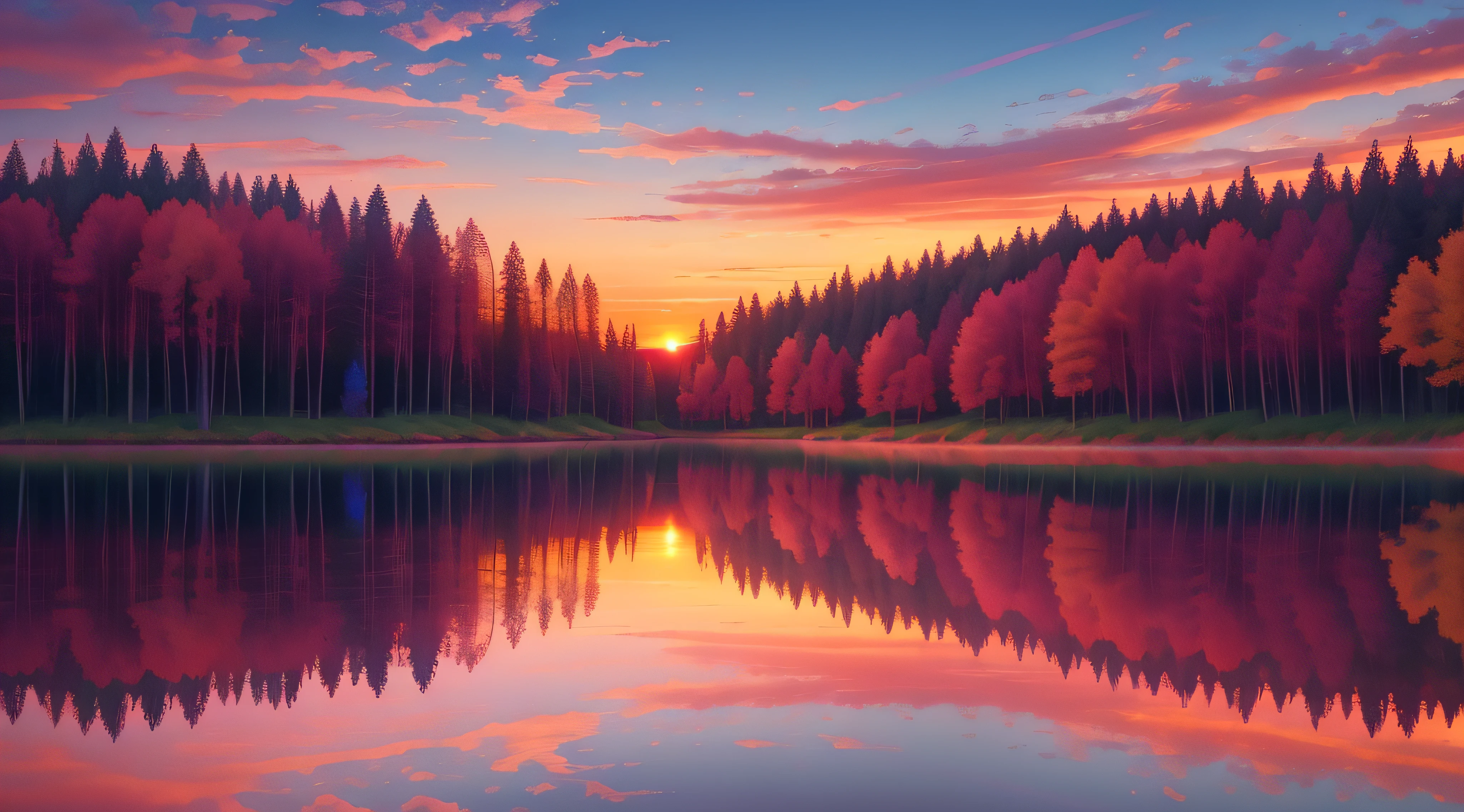 there is a beautiful sunset with a lake and trees in the background, colorful skies, surreal colors, colorful sunset, colorful sky, marvellous reflection of the sky, stunning sky, dream like atmosphere 8k, colorful clouds, colors reflecting on lake, surreal sky, red and blue reflections, fire reflection, beautiful sky, beautiful and spectacular dusk, beautiful dreamy landscape, amazing sky