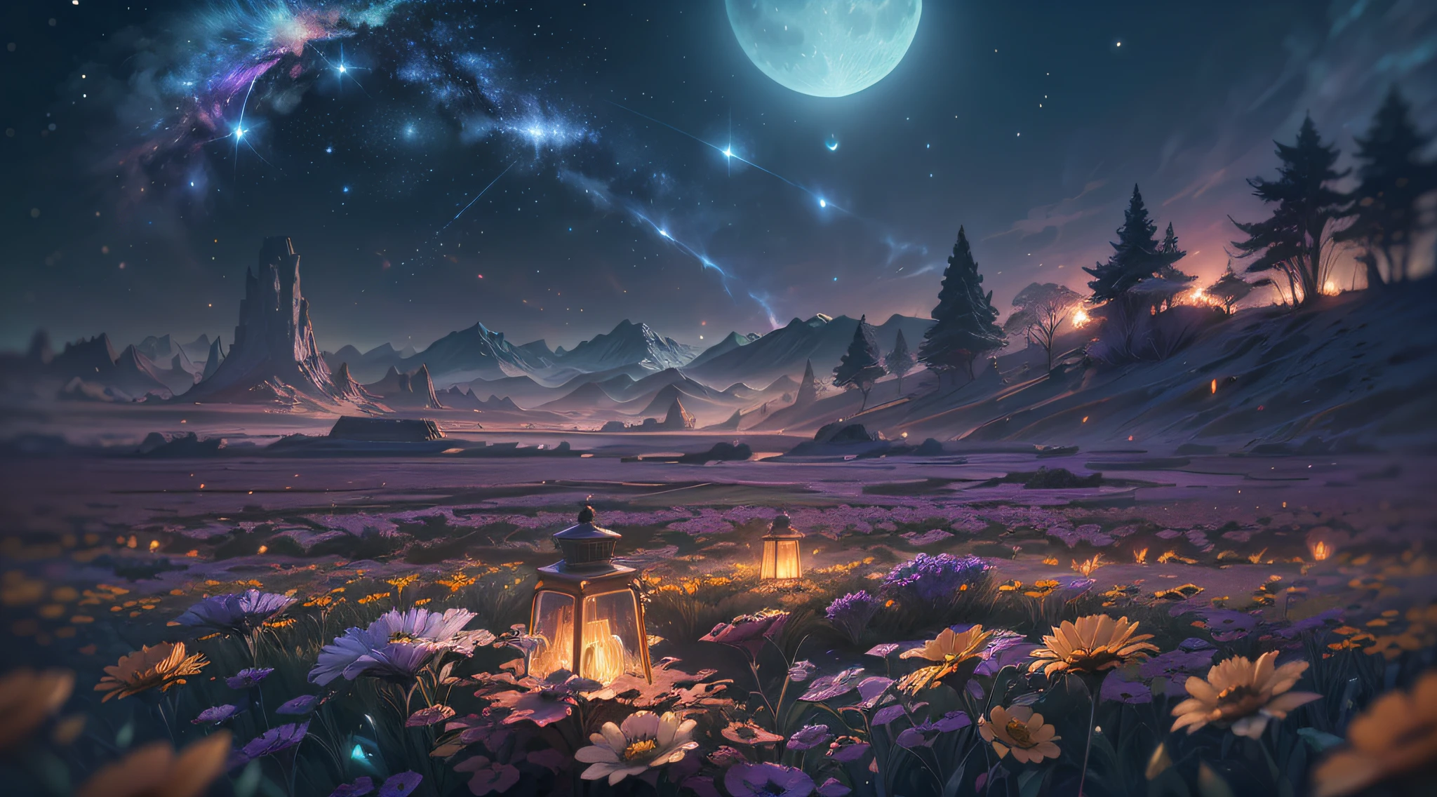 expansive landscape photograph , (a view from below that shows sky above and open field below), a girl standing on flower field looking up, (full moon:1.2), ( shooting stars:0.9), (nebula:1.3), distant mountain, tree BREAK
production art, (warm light source:1.2), (Firefly:1.2), lamp, lot of purple and orange, intricate details, volumetric lighting BREAK
(masterpiece:1.2), (best quality), 4k, ultra-detailed, (dynamic composition:1.4), highly detailed, colorful details,( iridescent colors:1.2), (glowing lighting, atmospheric lighting), dreamy, magical, (solo:1.2)
