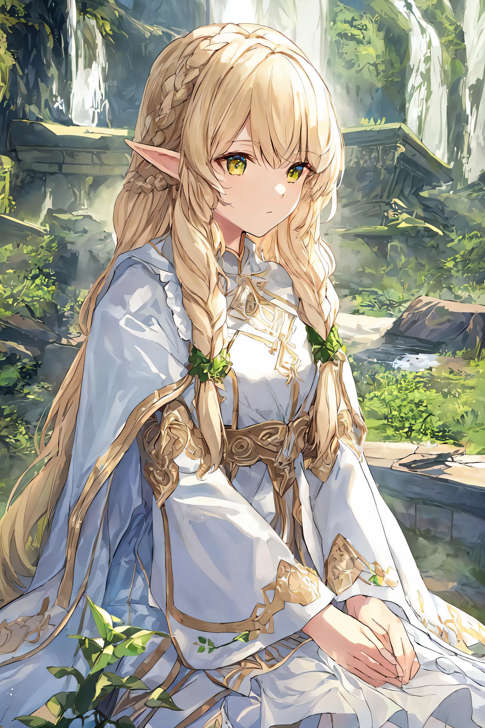 upper body close-up, druid female elf, multiple stitched layer cloth armor, white silk cloak, intricate floral pattern, long dark blonde hair, waterfall braid hairstyle, detailed face and eyes, young woman, forest lake with ruins background, volumetric light, god rays, long elf ears, green and white silk outfit, wooden accessories