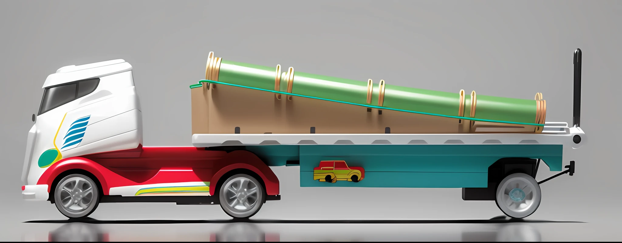 Close-up of toy truck with trailer attached, side - view, the sideview, Clear lines,, side perspective, Disney color scheme,The whole car has a pattern，tmasterpiece，k hd，Best image quality