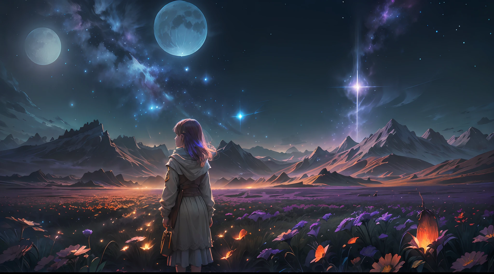 expansive landscape photograph , (a view from below that shows sky above and open field below), a girl standing on flower field looking up, (full moon:1.2), ( shooting stars:0.9), (nebula:1.3), distant mountain, tree BREAK
production art, (warm light source:1.2), (Firefly:1.2), lamp, lot of purple and orange, intricate details, volumetric lighting BREAK
(masterpiece:1.2), (best quality), 4k, ultra-detailed, (dynamic composition:1.4), highly detailed, colorful details,( iridescent colors:1.2), (glowing lighting, atmospheric lighting), dreamy, magical, (solo:1.2)