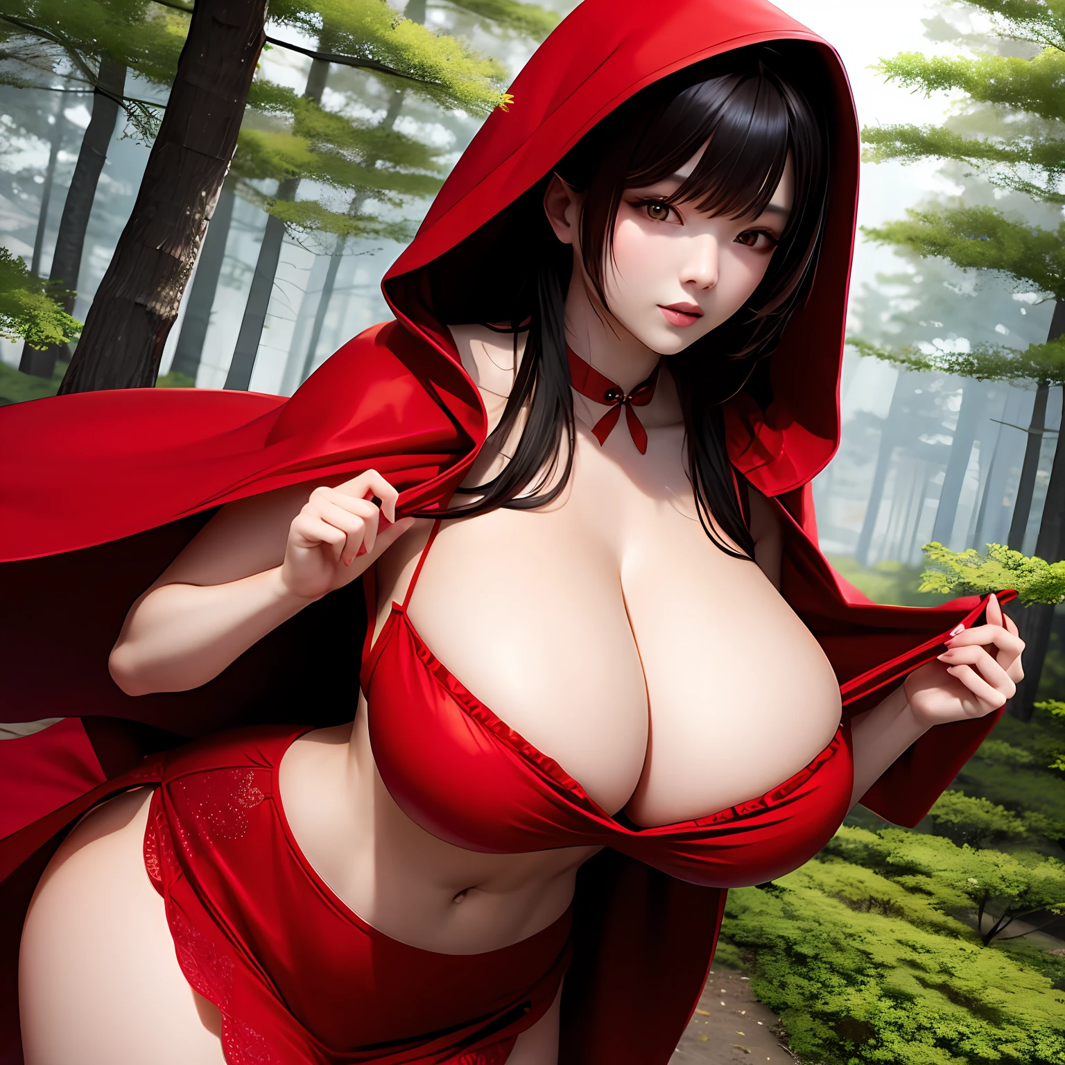 "Korean model with big, perky breasts dressed sexy as Red Riding Hood in the forest."