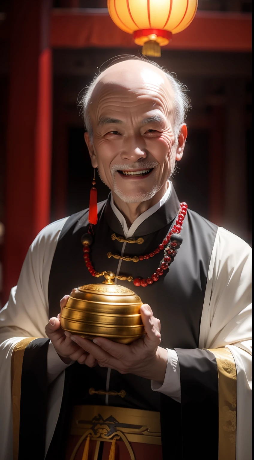 Han Chinese,A balding old man wearing a traditional Chinese cassock,Holding a handful of gold ingots,grin,red colour,jubilation,a cassock,Temple,k hd,真实感,超高分辨率,Prayer beads,fortune,fortune,Wishing you prosperity,money,
