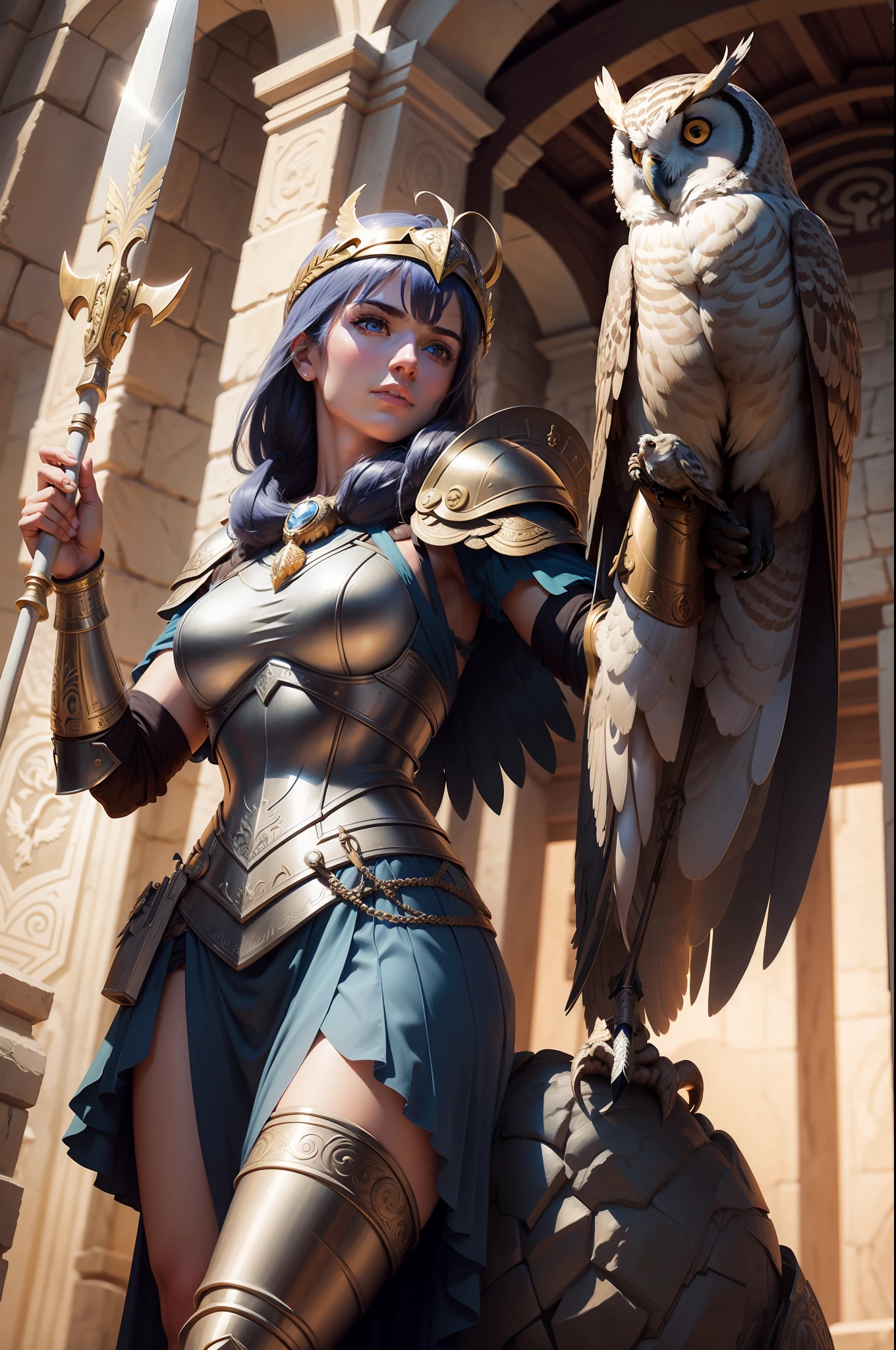 Athena, a strong, intellectual figure in a warrior's armor, holds a spear and shield. An owl is perched on her shoulder, digital art, detailed.