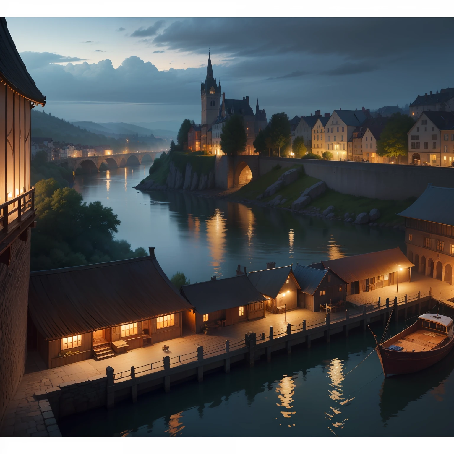 High quality wallpapers for iPad，A painting depicting a landscape across the river from a medieval castle in Europe，Illuminated at night，There are boats and residents on the river，Long-range footage，Full of art。