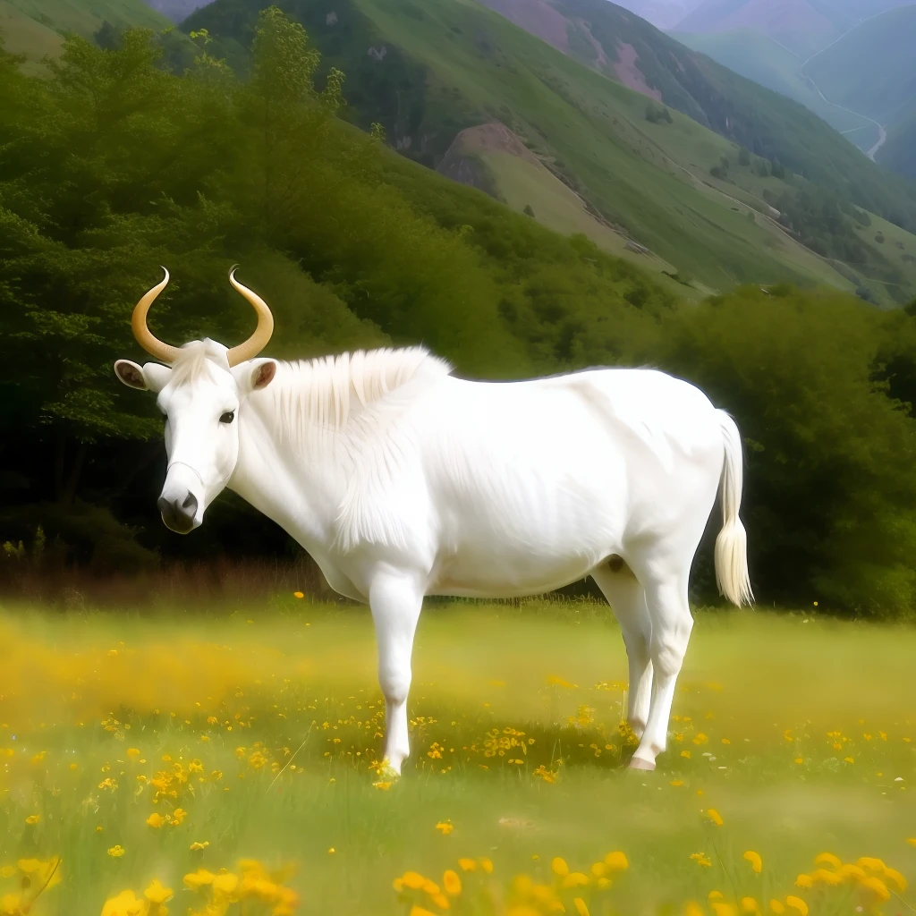 Tibetan girl meadow white yak