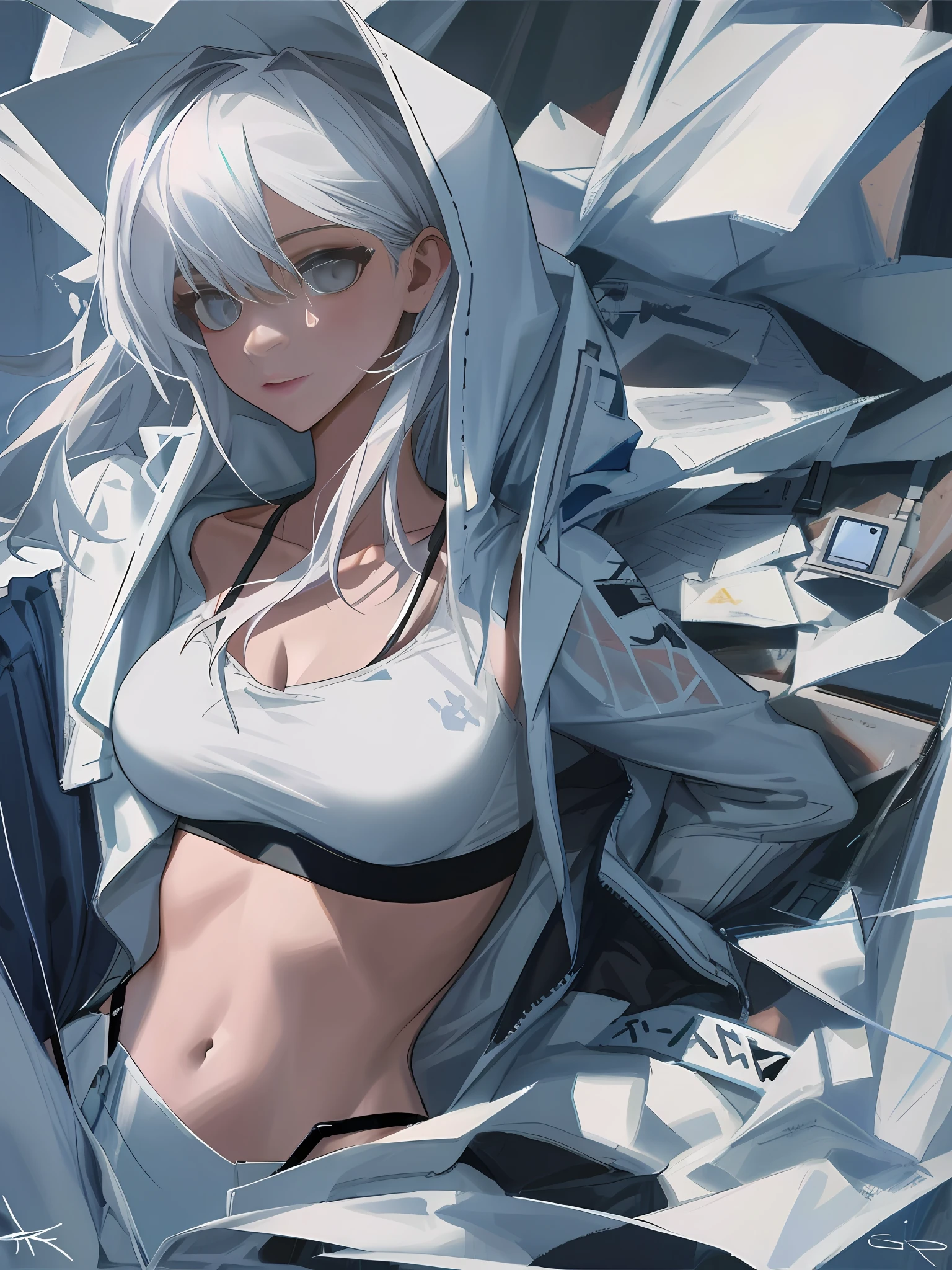 There is a white shirt,There is a black and white design on it, sport bra and shirt, ripped up white garment, signature on the bottom, Open V chest clothes, bralette, detailed outfits, Detailed clothes, fake hidden detail, ripped clothing, Light gray hoodie opening, grey hoodie opened, Very detailed picture, The upper part of the body, with ripped crop t - shirt,Wear a corset,femele,8k,perfect pubic