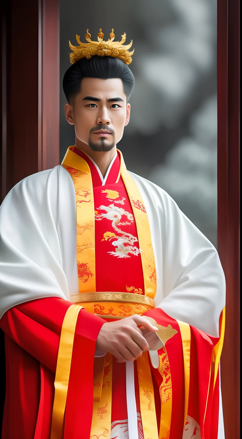Masterpiece, Highest quality, (solofocus),, (High detail: 1.1),dojo，Red and yellow robes，The male， Man, chinese crown, 1人,and white hair,超高分辨率 , Detailed background, realisticlying, wearing a detailed and intricate xianxia antique outfit