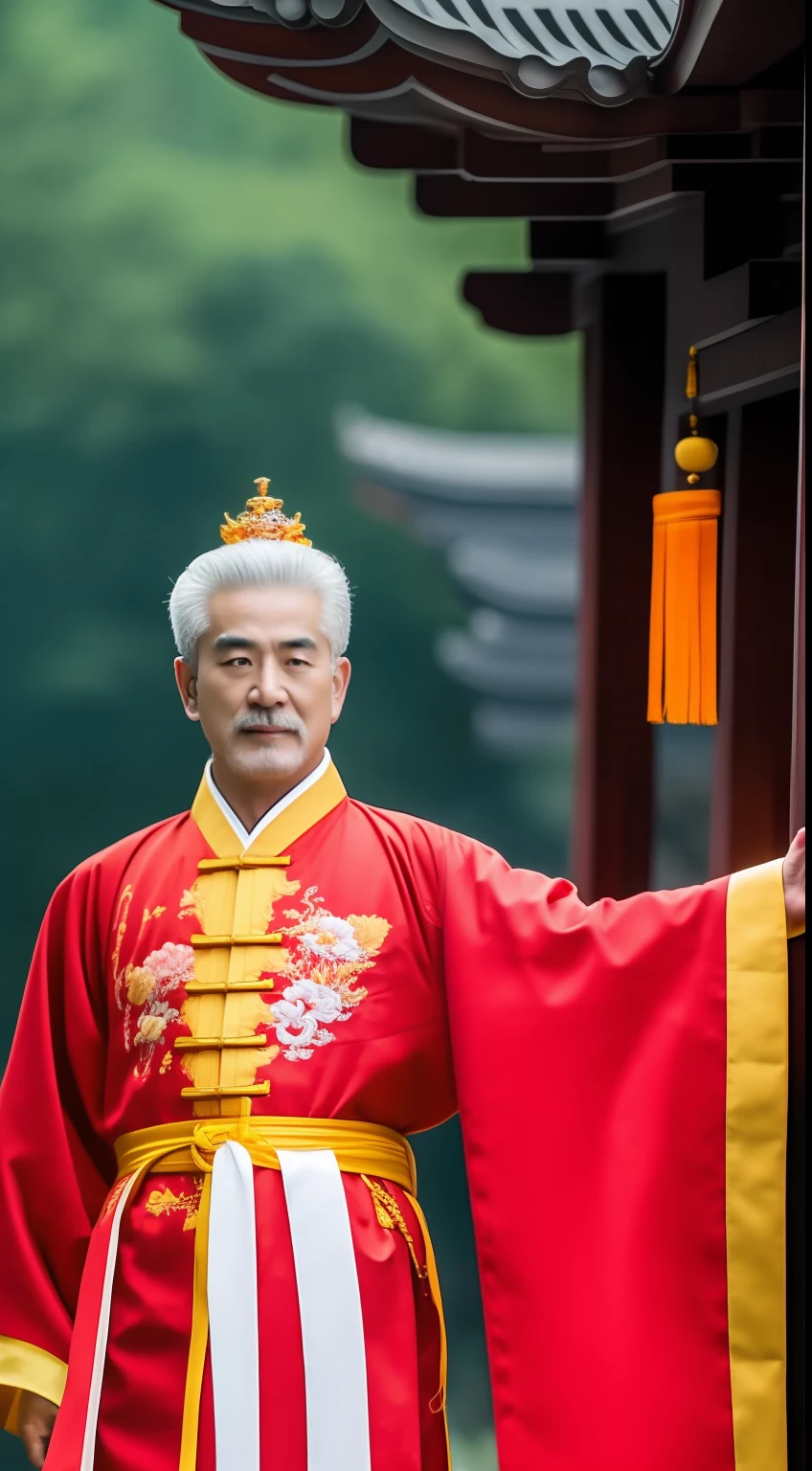 Masterpiece, Highest quality, (solofocus),, (High detail: 1.1),dojo，Red and yellow robes，The male， Man, chinese crown, 1人,and white hair,超高分辨率 , Detailed background, realisticlying, wearing a detailed and intricate xianxia antique outfit