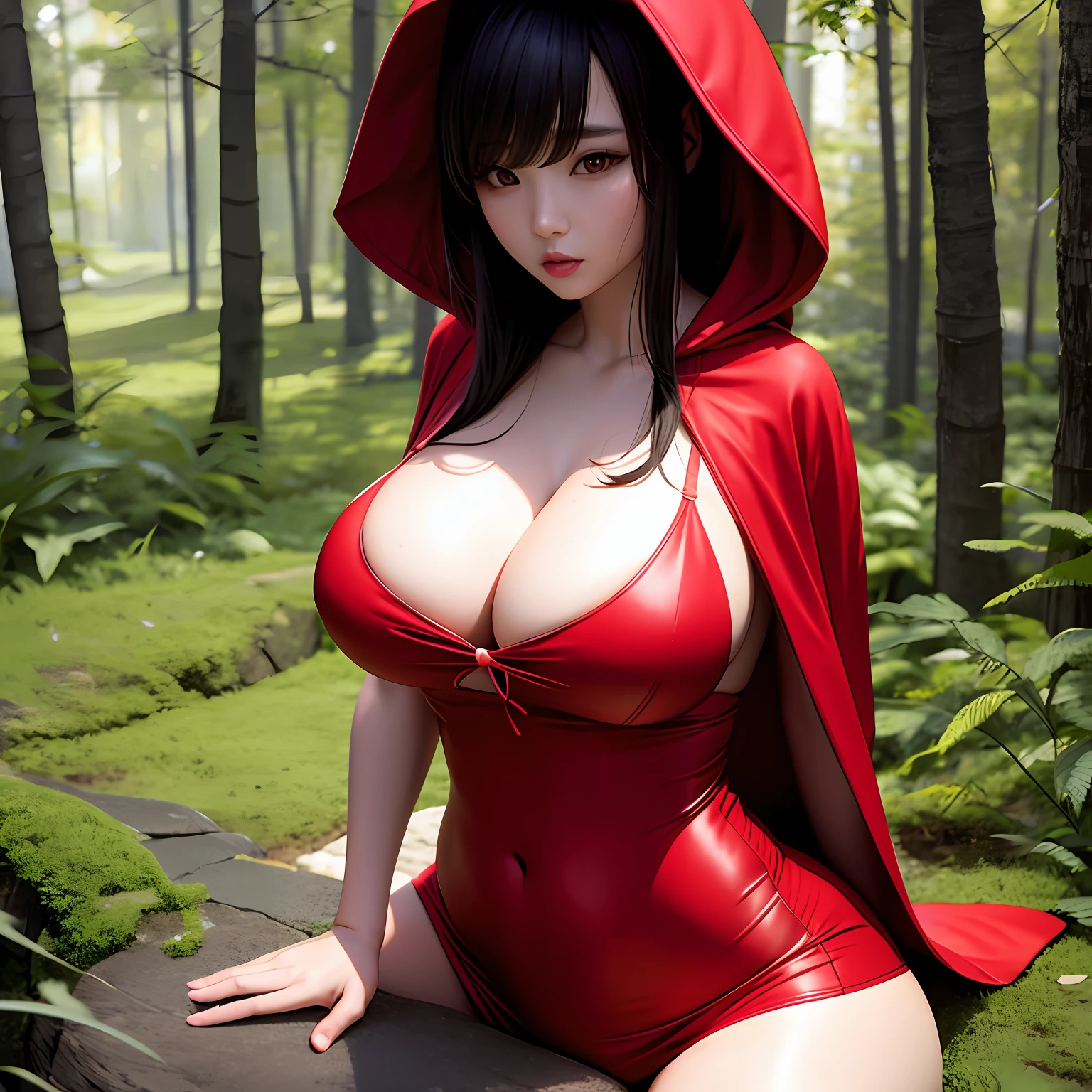 "Korean model with big, perky breasts dressed sexy as Red Riding Hood in the forest."