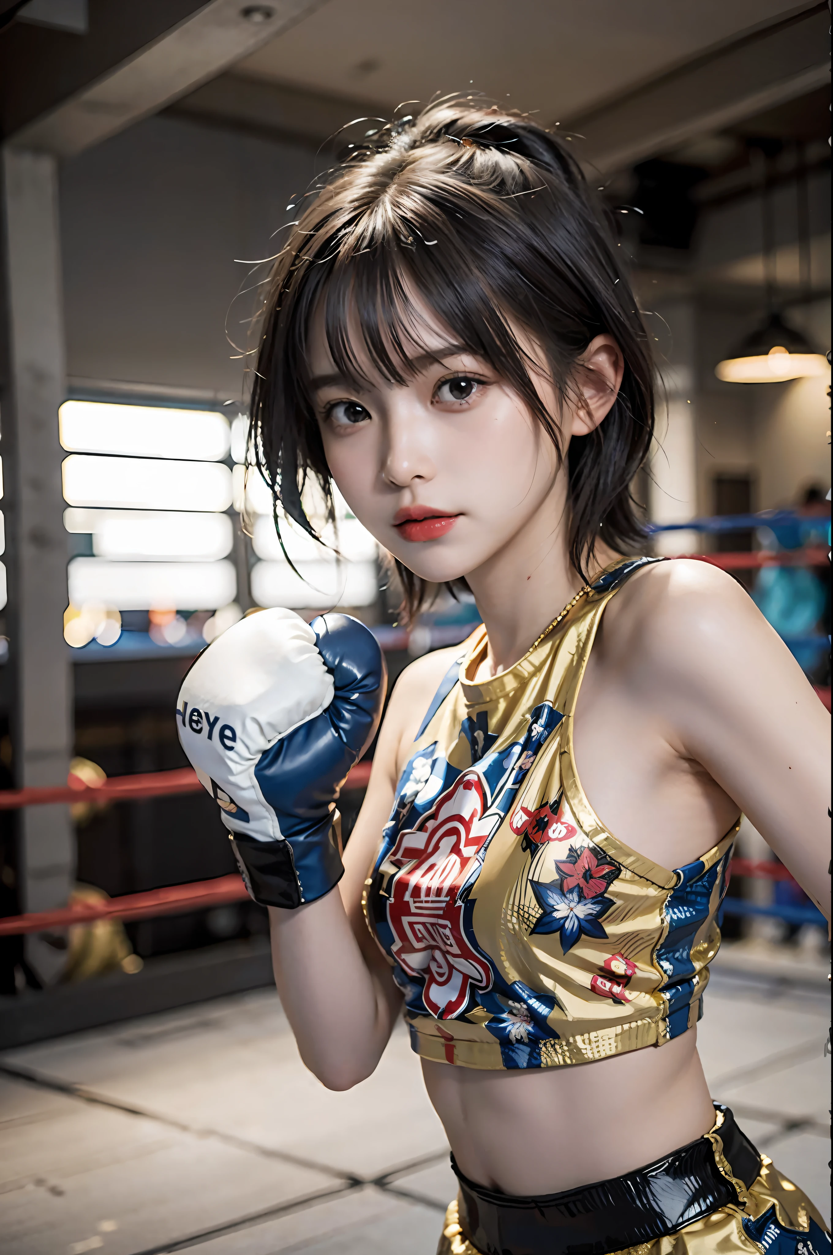 Best Quality, Very elaborate CG Unity 8K wallpapers, boxer, (Photorealsitic:2), 超A high resolution, Highly detailed, A hyper-realistic, 1girl in, (Boxing gloves), Floral pattern, colourfull_head_hair、(((very_short_head_hair))), Short hair, Full Shot, Looking at Viewer, ((Boxing rings)), Bright atmosphere, spot light, Detailed background