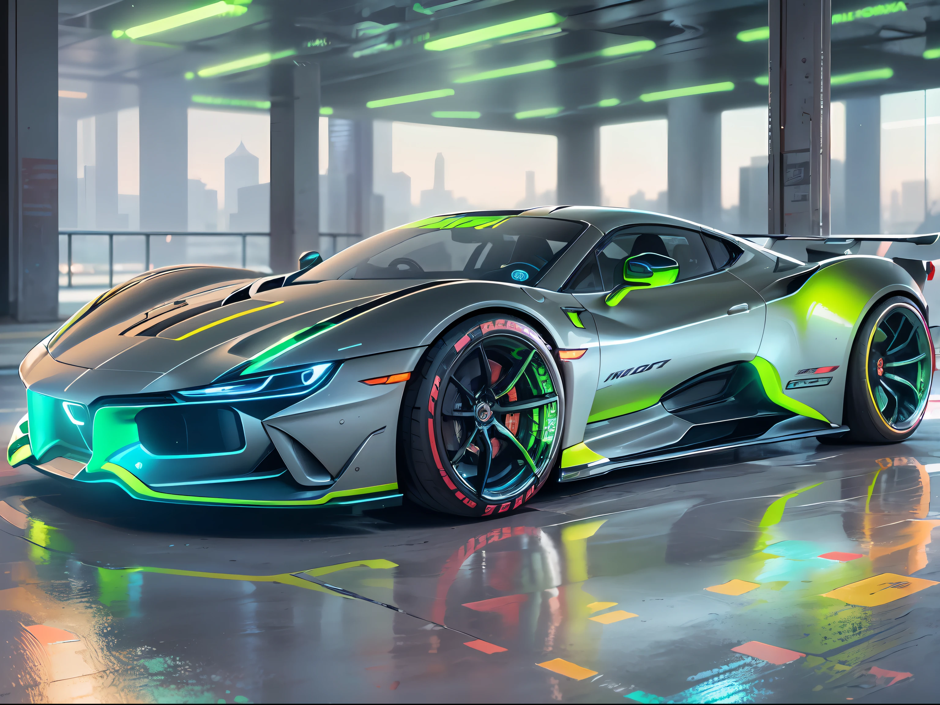 (1 transparent sports car on gorgeous city streets),Color transparent plastic,cyber punk perssonage,industrial design,Smooth design feel,Sophisticated body structure,cleanness,(((Transparent visual impact))),(((Brilliant neon lights))),white backgrounid,ultra-realistic realism,hyper HD,high detal,best qualtiy,4K