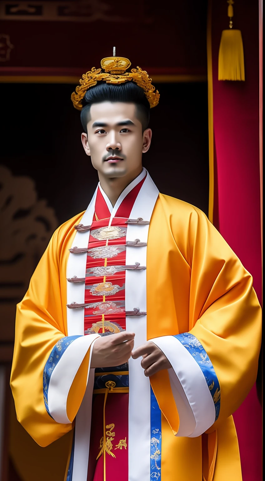 Masterpiece, Highest quality, (solofocus),, (High detail: 1.1),dojo,Red and yellow robes,The male, Man, chinese crown, 1人,and white hair,超高分辨率 , Detailed background, realisticlying, wearing a detailed and intricate xianxia antique outfit