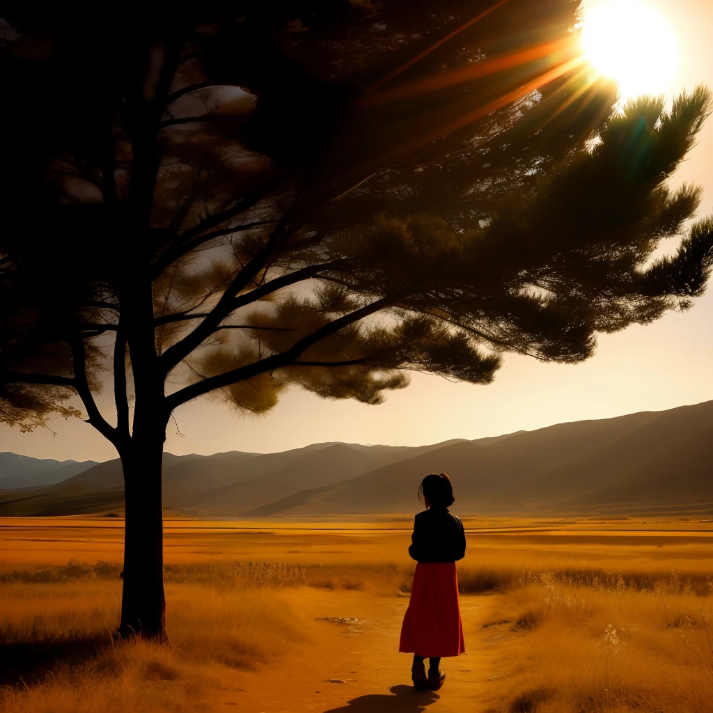 Tibetan girl backlight steppe