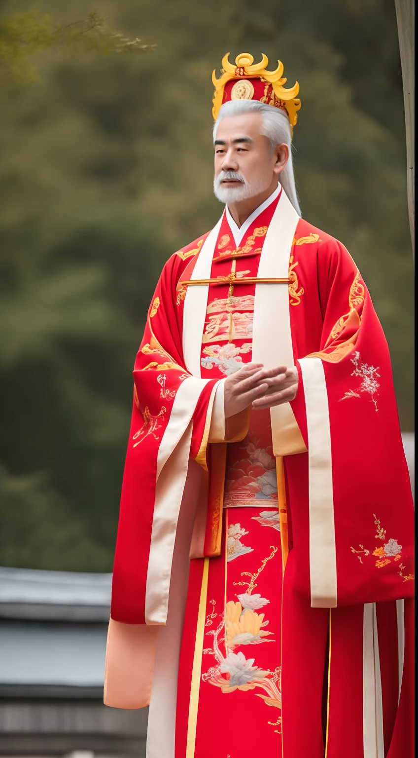 Masterpiece, Highest quality, (solofocus),, (High detail: 1.1),dojo,Red and yellow robes,The male, Man, chinese crown, 1人,and white hair,超高分辨率 , Detailed background, realisticlying, wearing a detailed and intricate xianxia antique outfit