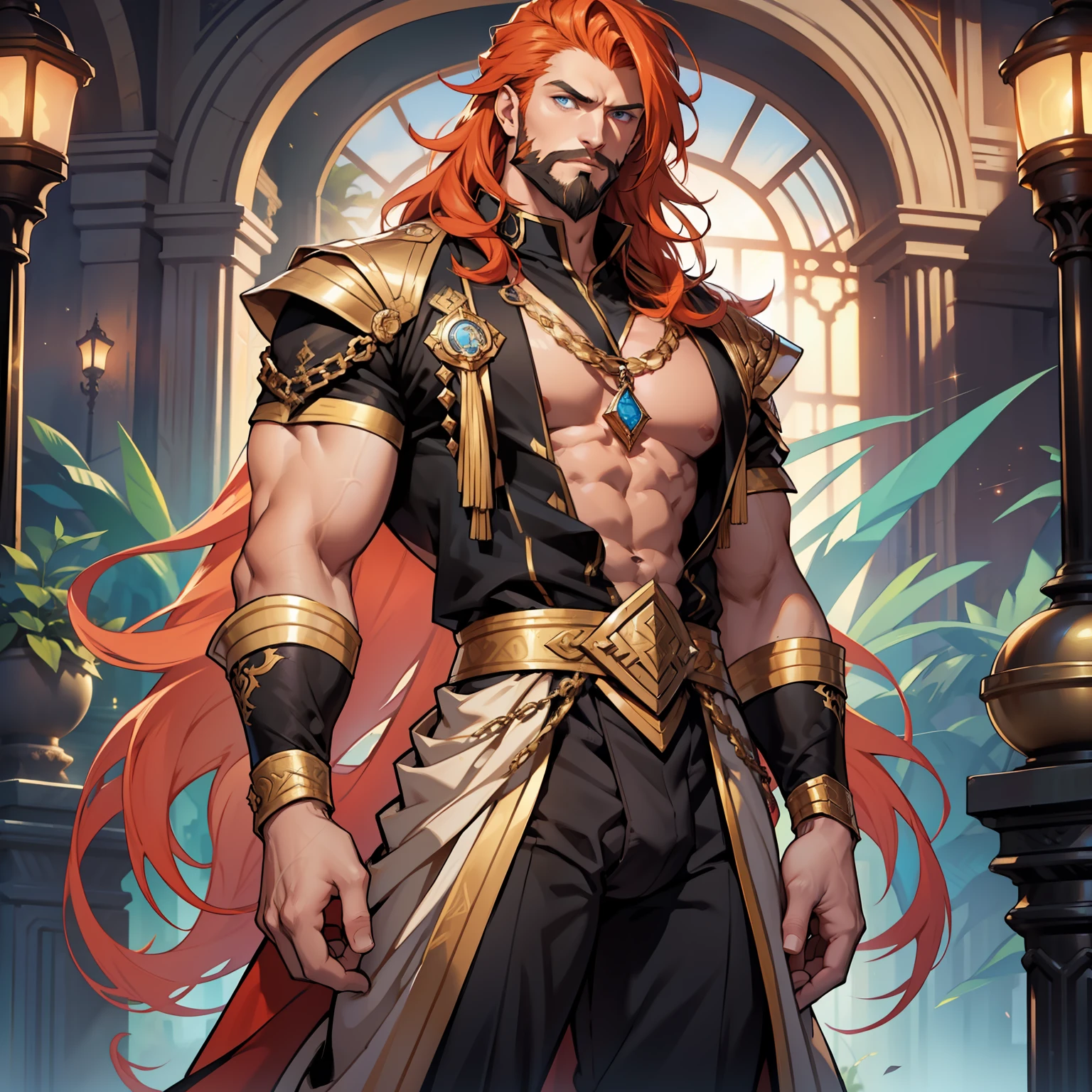 Atlantis is a tall handsome male. Standing at 7 ft 5. He is athletic built with beautifully long silky orange hair and blue eyes. He is always seen with a stern look on his face. He is clothed with the finest royal attire in gold and black. His beard matches his hair. Bara, bulge in pants